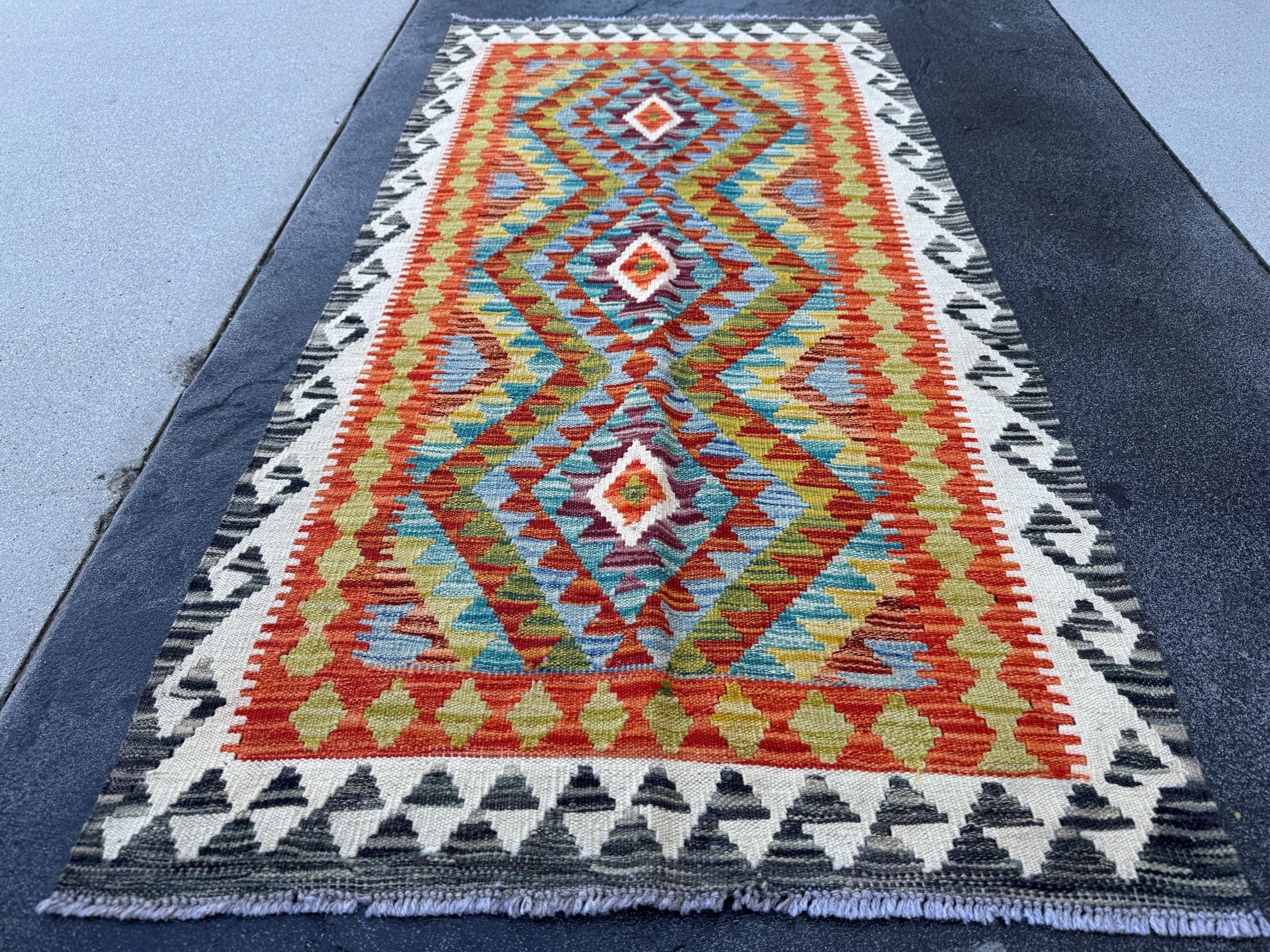 3x5 (91x152) Handmade Afghan Kilim Rug | Denim Blue Burnt Orange Teal Eggplant Purple Olive Moss Green Cream Charcoal | Wool Turkish