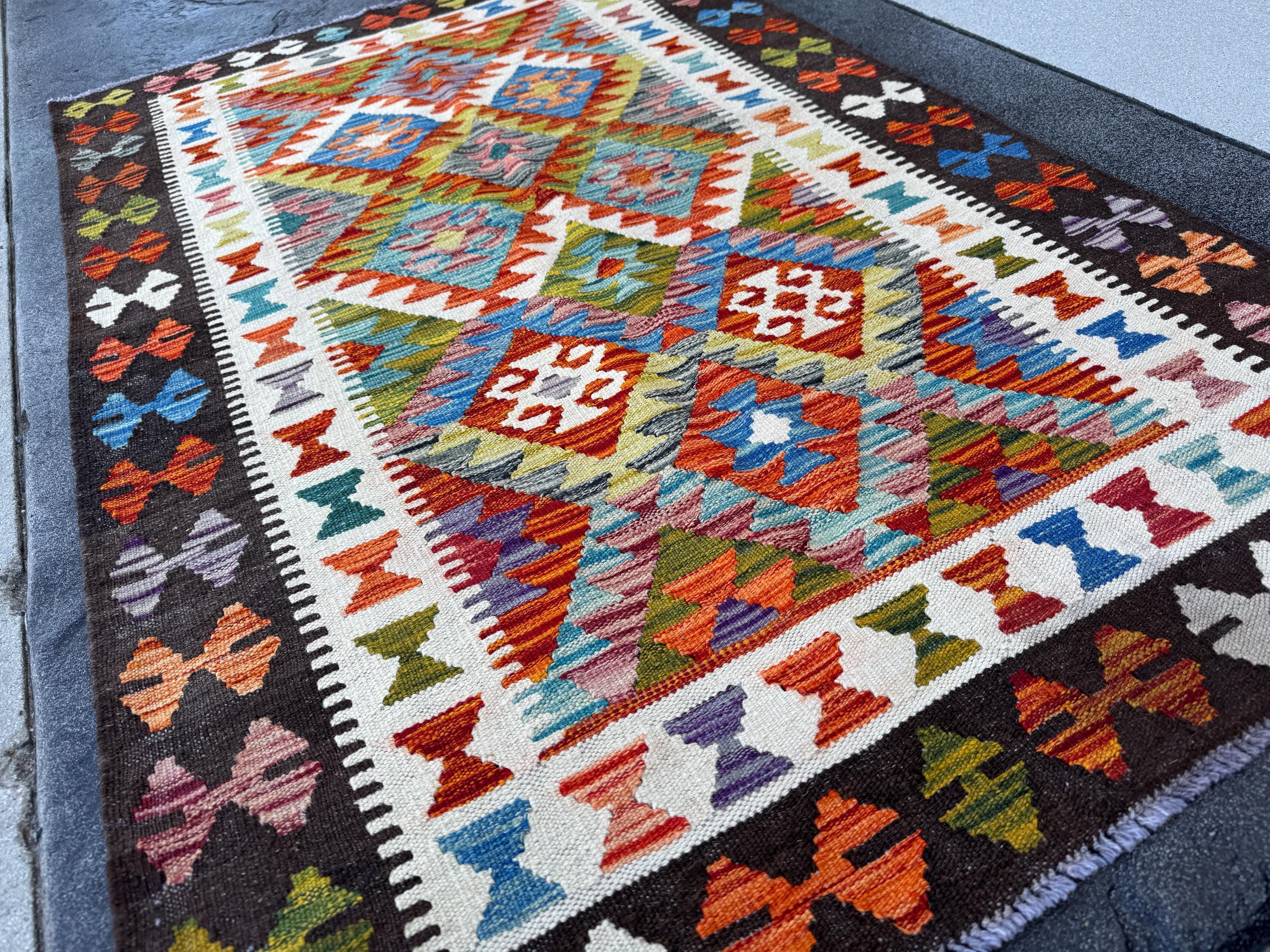3x5 (91x152) Handmade Afghan Kilim Rug | Cream Burnt Orange Denim Blue Charcoal Grey Olive Moss Green Purple Teal Red | Wool Turkish