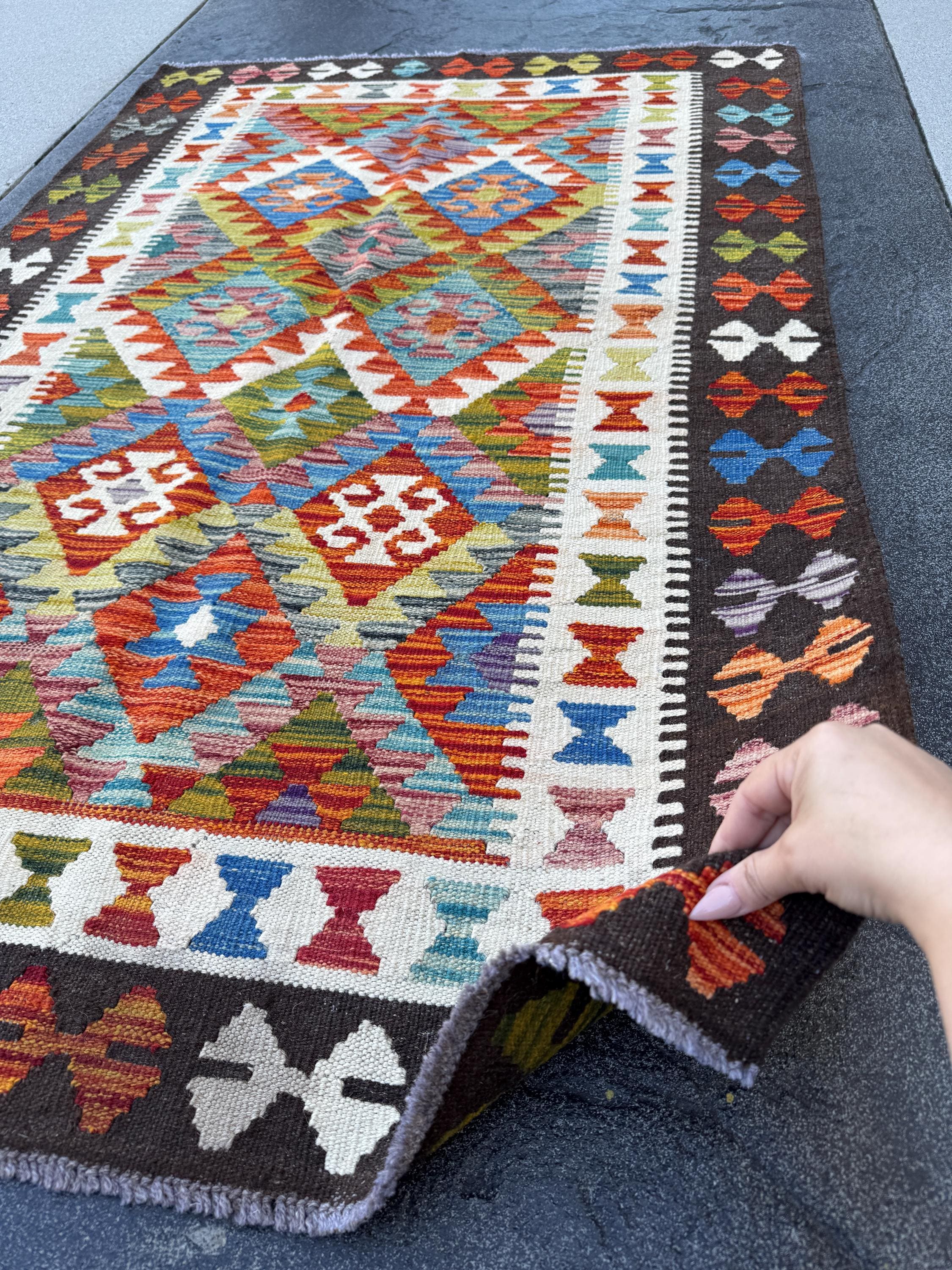 3x5 (91x152) Handmade Afghan Kilim Rug | Cream Burnt Orange Denim Blue Charcoal Grey Olive Moss Green Purple Teal Red | Wool Turkish