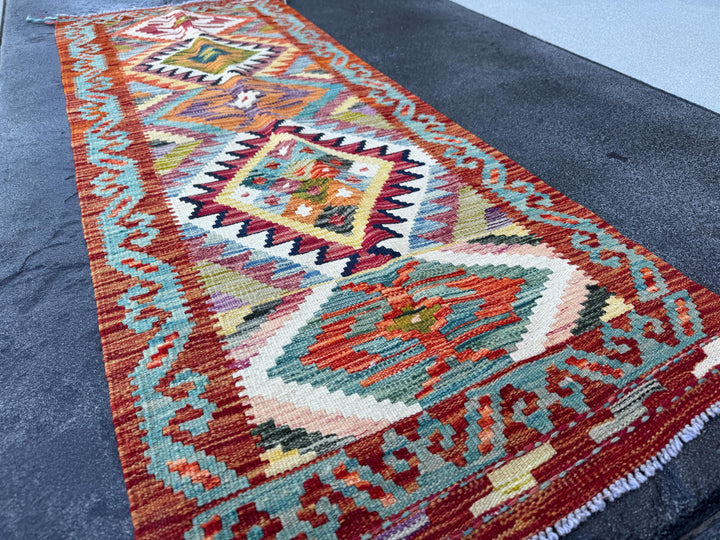 2x5 Handmade Afghan Kilim Runner Rug | Burnt Orange Brick Red Teal Ivory Denim Blue Purple Olive Moss Green Grey Mustard | Wool Turkish