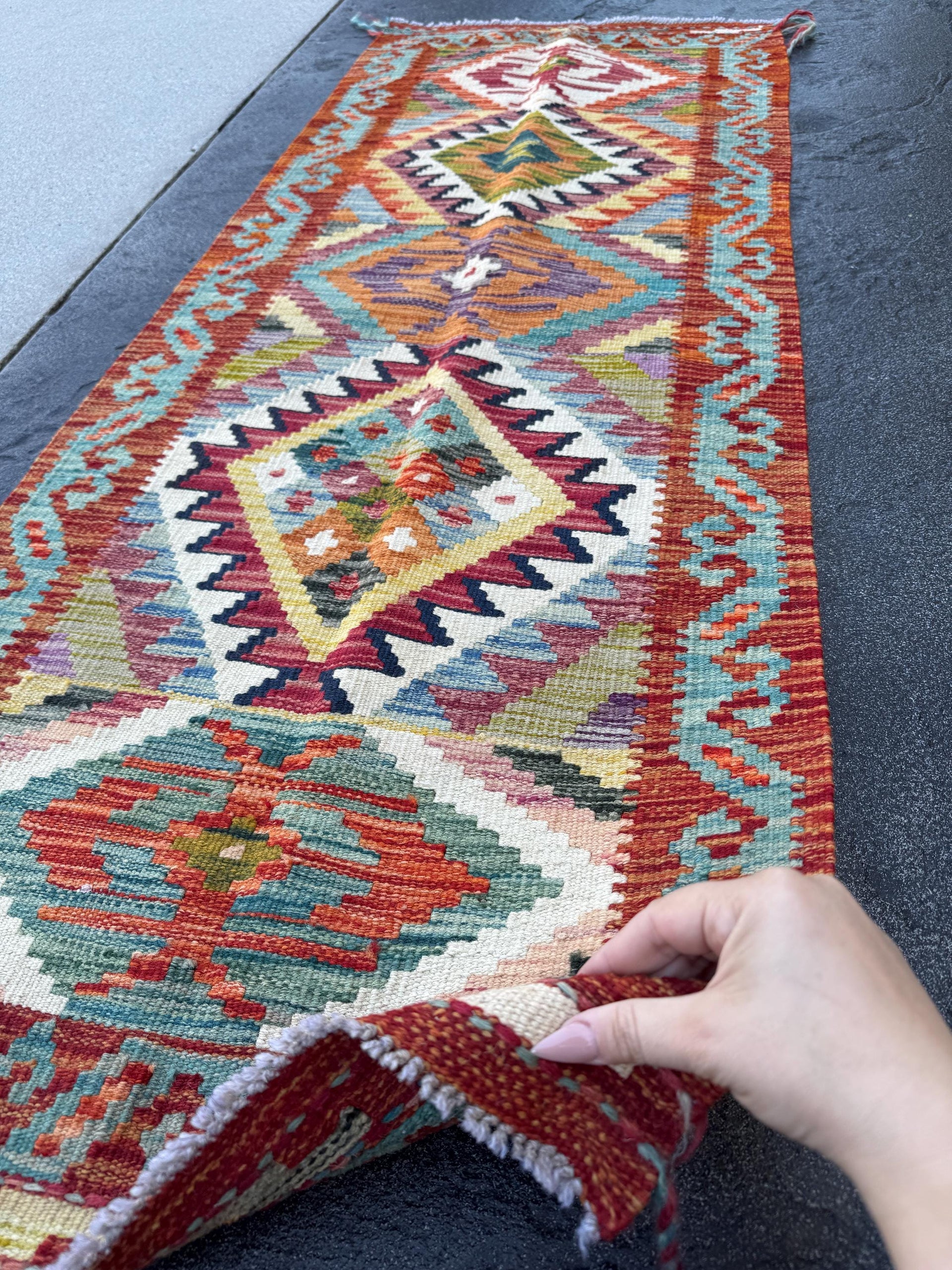 2x5 Handmade Afghan Kilim Runner Rug | Burnt Orange Brick Red Teal Ivory Denim Blue Purple Olive Moss Green Grey Mustard | Wool Turkish