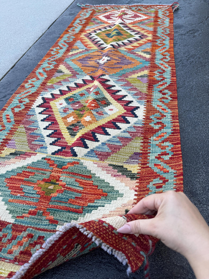 2x5 Handmade Afghan Kilim Runner Rug | Burnt Orange Brick Red Teal Ivory Denim Blue Purple Olive Moss Green Grey Mustard | Wool Turkish