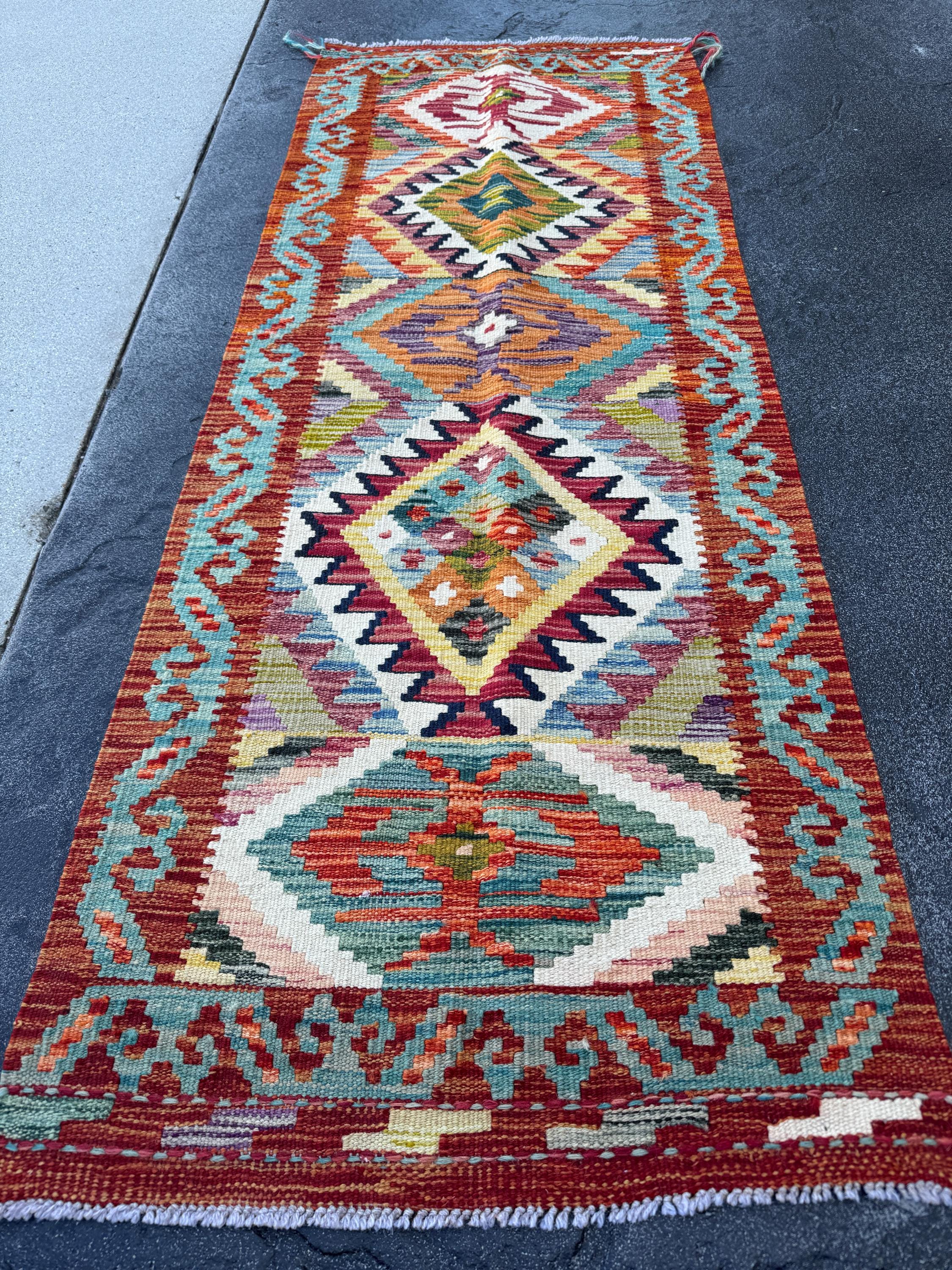 2x5 Handmade Afghan Kilim Runner Rug | Burnt Orange Brick Red Teal Ivory Denim Blue Purple Olive Moss Green Grey Mustard | Wool Turkish