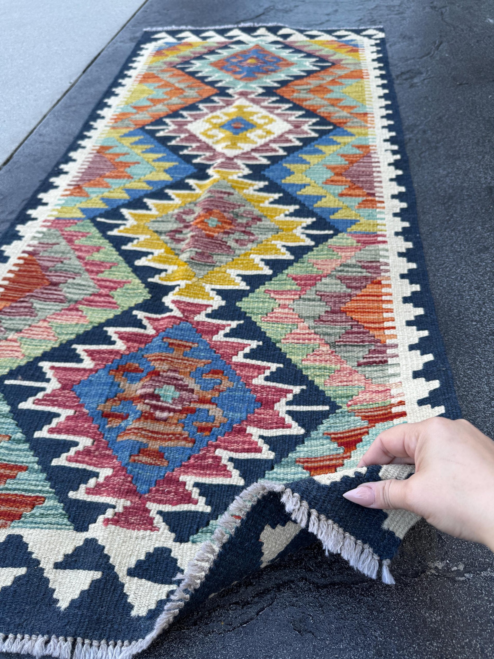 2x5 Handmade Afghan Kilim Runner Rug | Midnight Blue Mustard Olive Moss Green Cream Denim Blue Blood Red Grey Maroon Orange | Wool Turkish