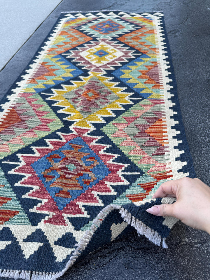 2x5 Handmade Afghan Kilim Runner Rug | Midnight Blue Mustard Olive Moss Green Cream Denim Blue Blood Red Grey Maroon Orange | Wool Turkish