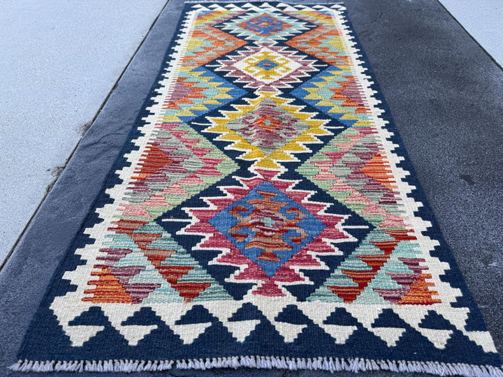 2x5 Handmade Afghan Kilim Runner Rug | Midnight Blue Mustard Olive Moss Green Cream Denim Blue Blood Red Grey Maroon Orange | Wool Turkish
