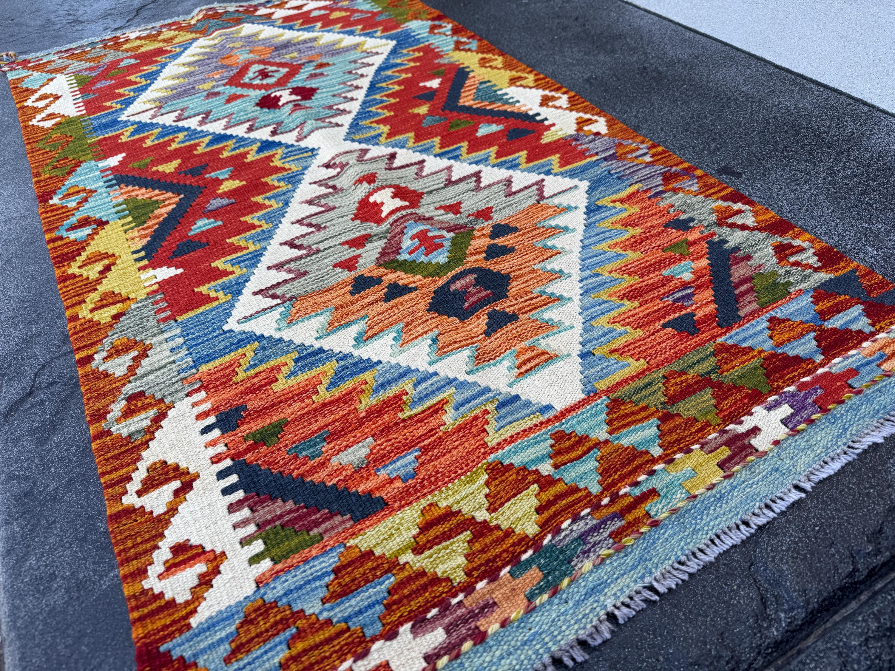3x5 (91x152) Handmade Afghan Kilim Rug | Denim Blue Blood Red Orange Purple Black Ivory Grey Olive Green Ivory Teal Maroon | Wool Turkish