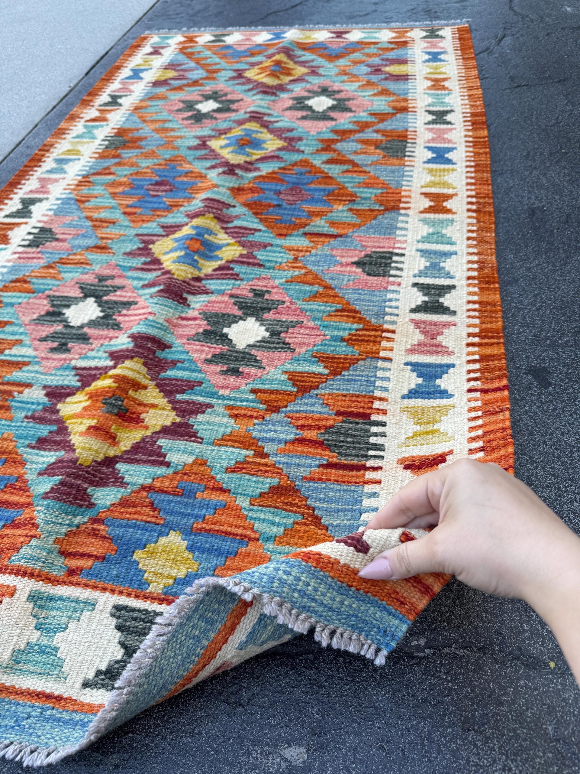 3x5 (91x152) Handmade Afghan Kilim Rug | Teal Burnt Orange Navy Denim Blue Charcoal Grey Red Ivory Olive Green Mustard Yellow | Wool Turkish