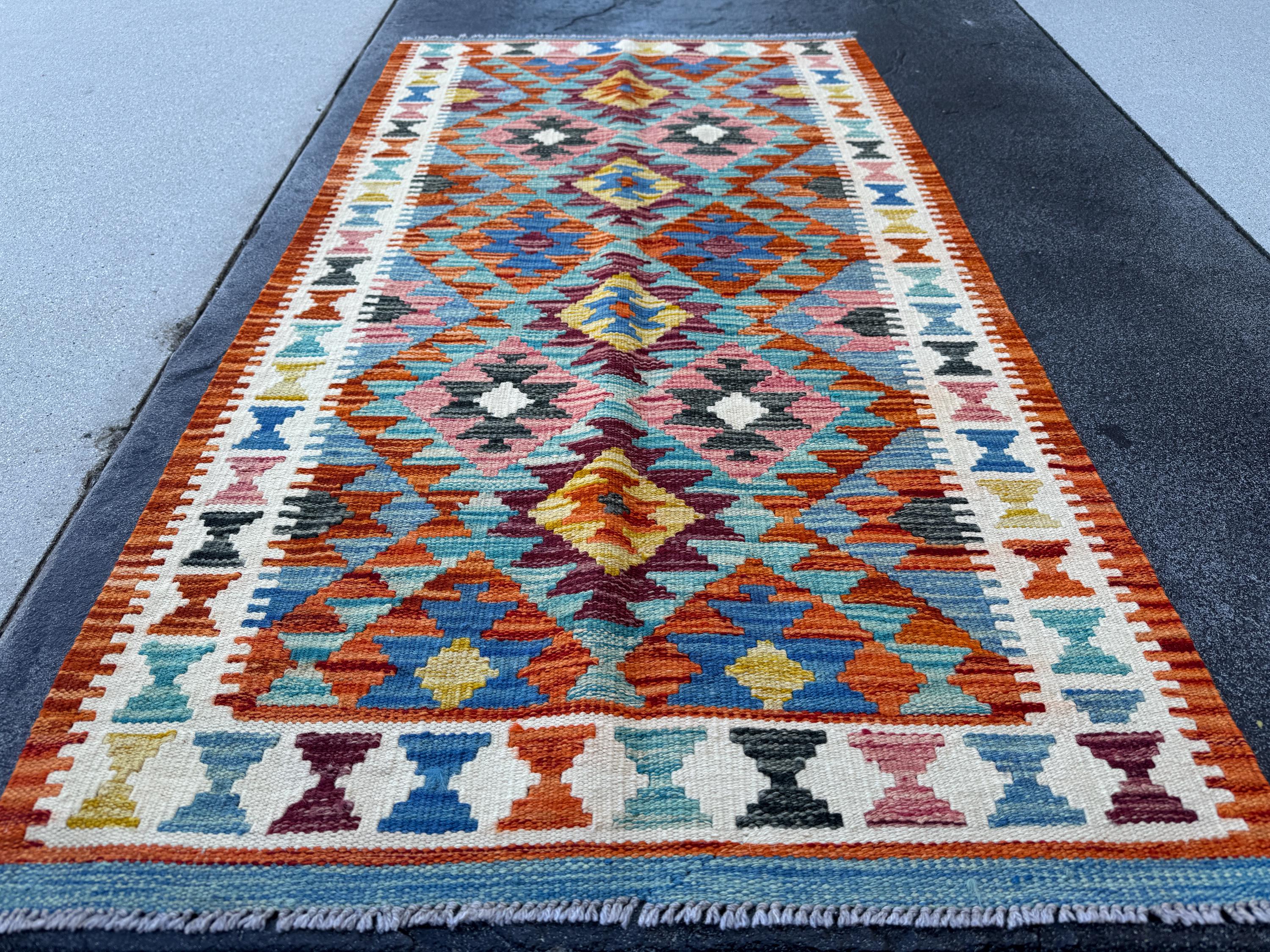 3x5 (91x152) Handmade Afghan Kilim Rug | Teal Burnt Orange Navy Denim Blue Charcoal Grey Red Ivory Olive Green Mustard Yellow | Wool Turkish