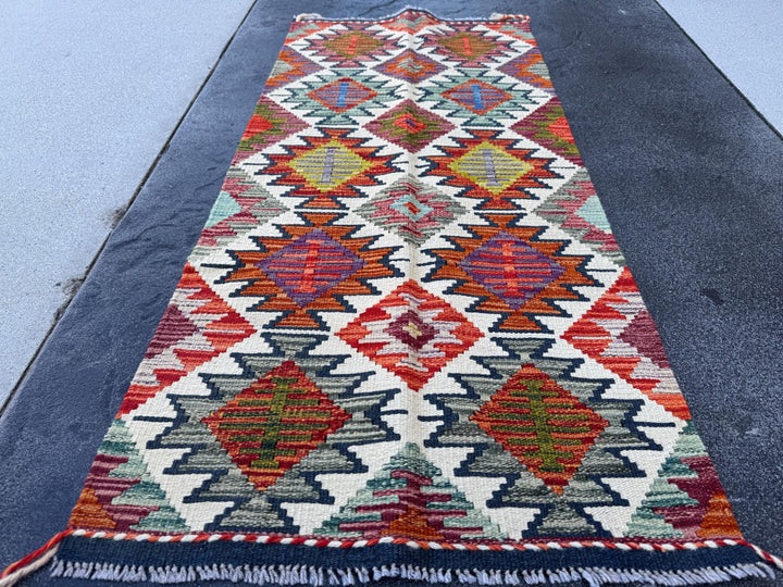 2x5 Handmade Afghan Kilim Runner Rug | Cream White Sand Beige Teal Aqua Denim Navy Olive Forest Green Brick Red Burnt Orange Mustard | Wool