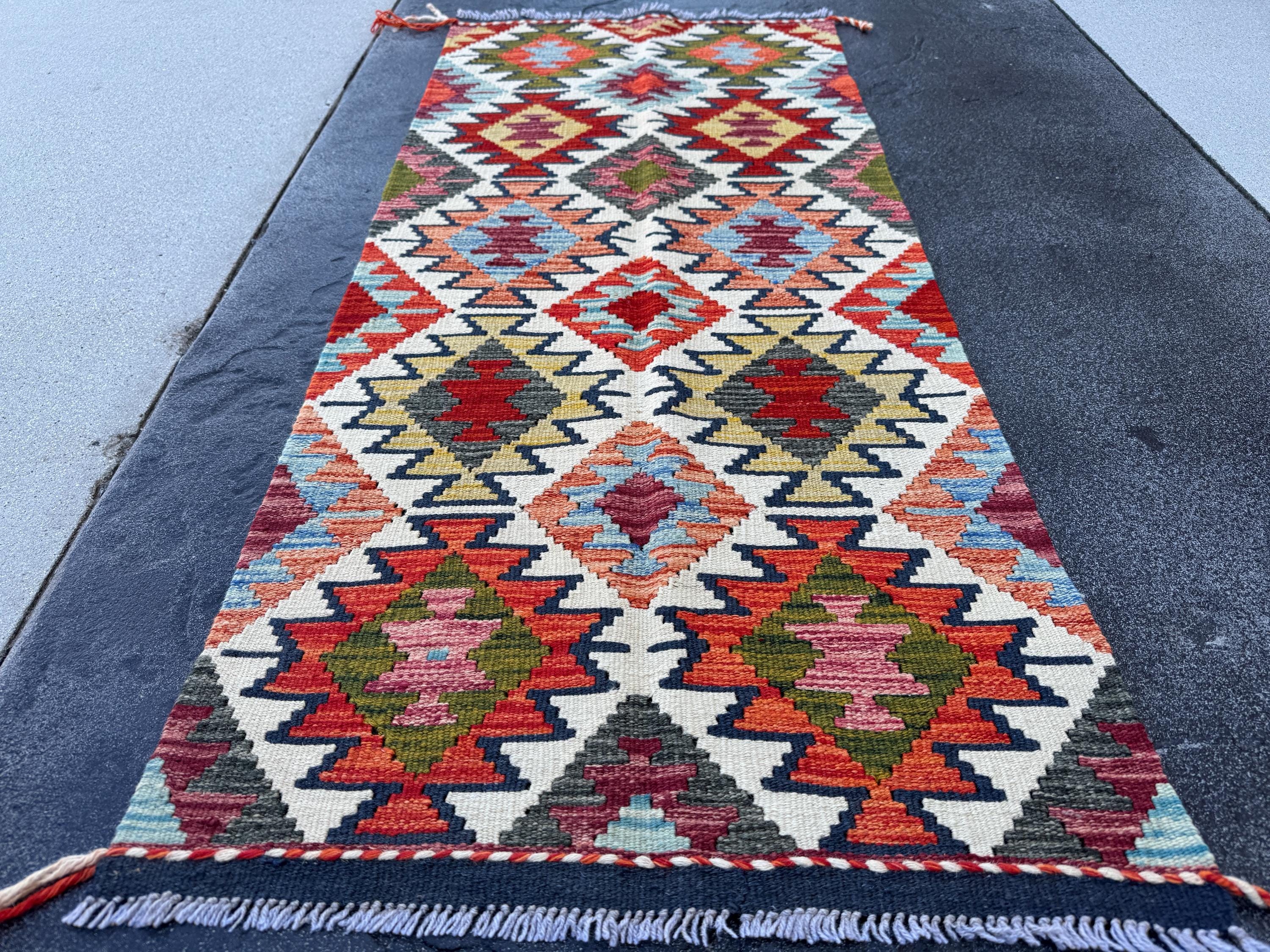 2x5 Handmade Afghan Kilim Runner Rug | Cream White Sand Beige Teal Aqua Sky Blue Navy Olive Forest Green Mustard Brick Red Burnt Orange