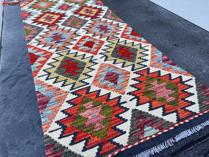 2x5 Handmade Afghan Kilim Runner Rug | Cream White Sand Beige Teal Aqua Sky Blue Navy Olive Forest Green Mustard Brick Red Burnt Orange
