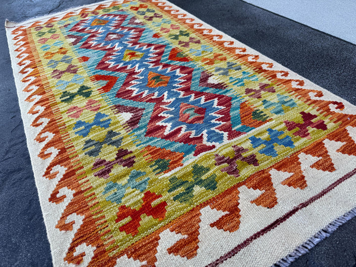 2x5 Handmade Afghan Kilim Runner Rug | Cream White Mustard Olive Green Aqua Sky Blue Navy Burnt Orange Brick Red Burgundy