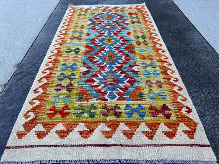 2x5 Handmade Afghan Kilim Runner Rug | Cream White Mustard Olive Green Aqua Sky Blue Navy Burnt Orange Brick Red Burgundy