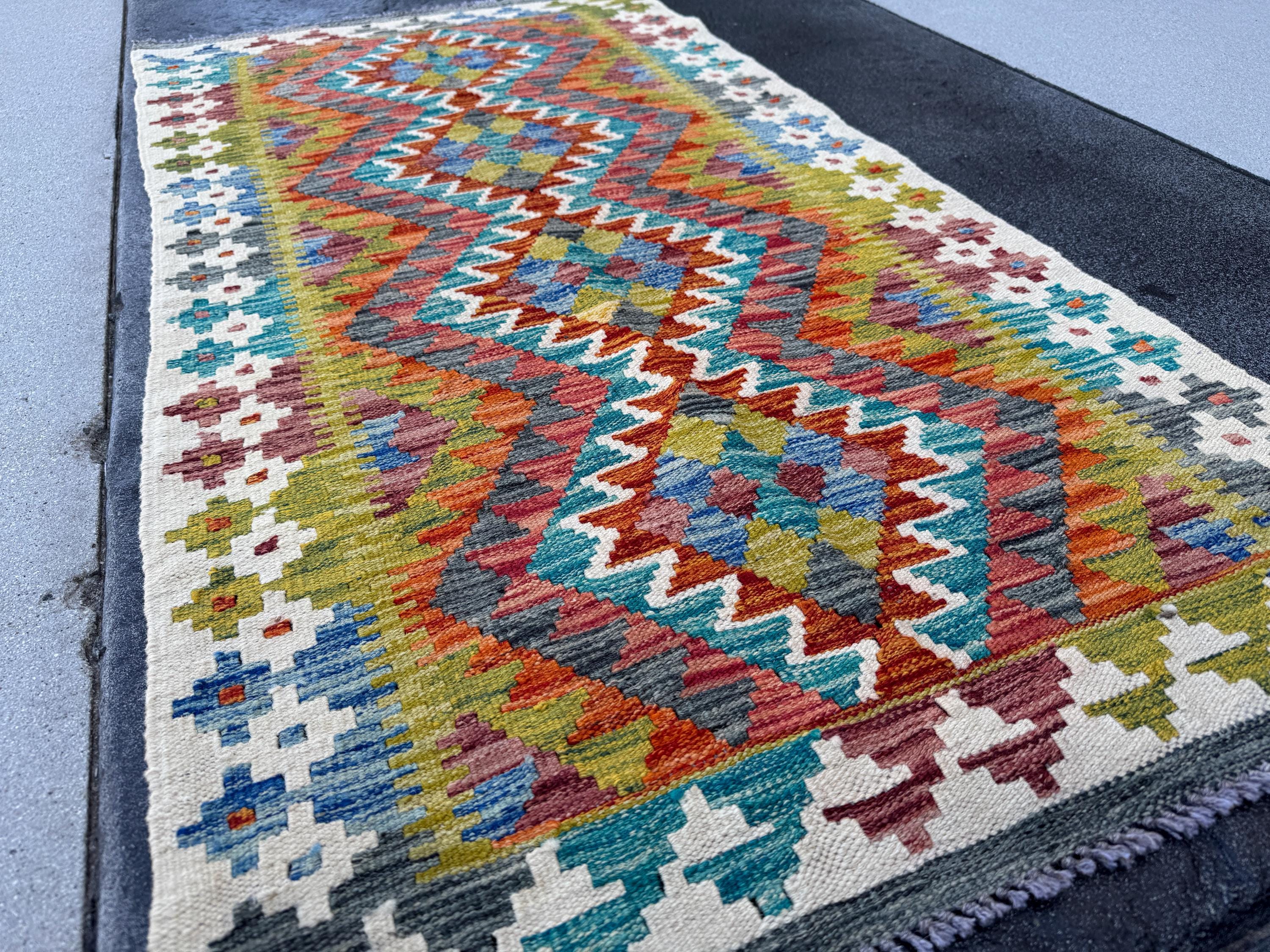 3x5 Handmade Afghan Kilim Rug | Cream White Mustard Olive Aqua Sky Blue Denim Slate Grey Burnt Orange Brick Red Burgundy