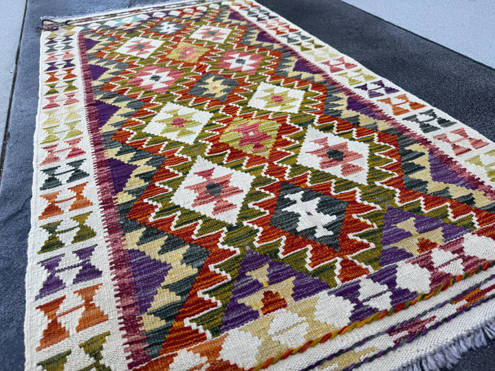 3x5 Handmade Afghan Kilim Rug | Cream White Mustard Olive Green Burnt Orange Brick Red Pink Purple Burgundy Charcoal Grey