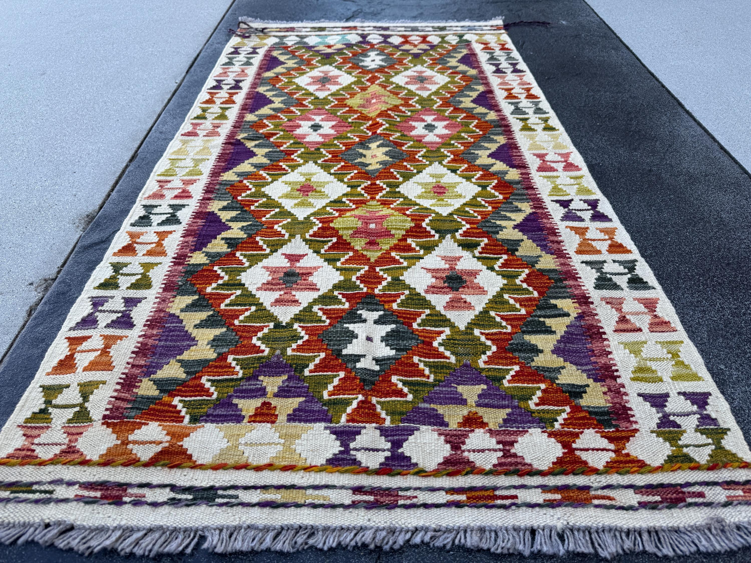 3x5 Handmade Afghan Kilim Rug | Cream White Mustard Olive Green Burnt Orange Brick Red Pink Purple Burgundy Charcoal Grey