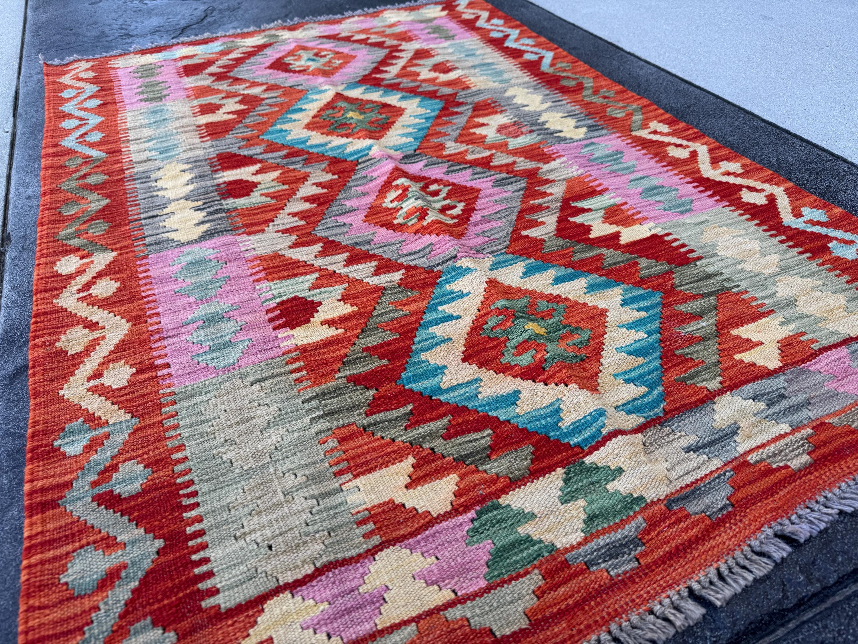 Percival - 3x5 Handmade Afghan Kilim Rug | Burnt Orange Brick Red Pink Aqua Teal Sky Blue Sage Olive Cream White Lavender Charcoal Grey