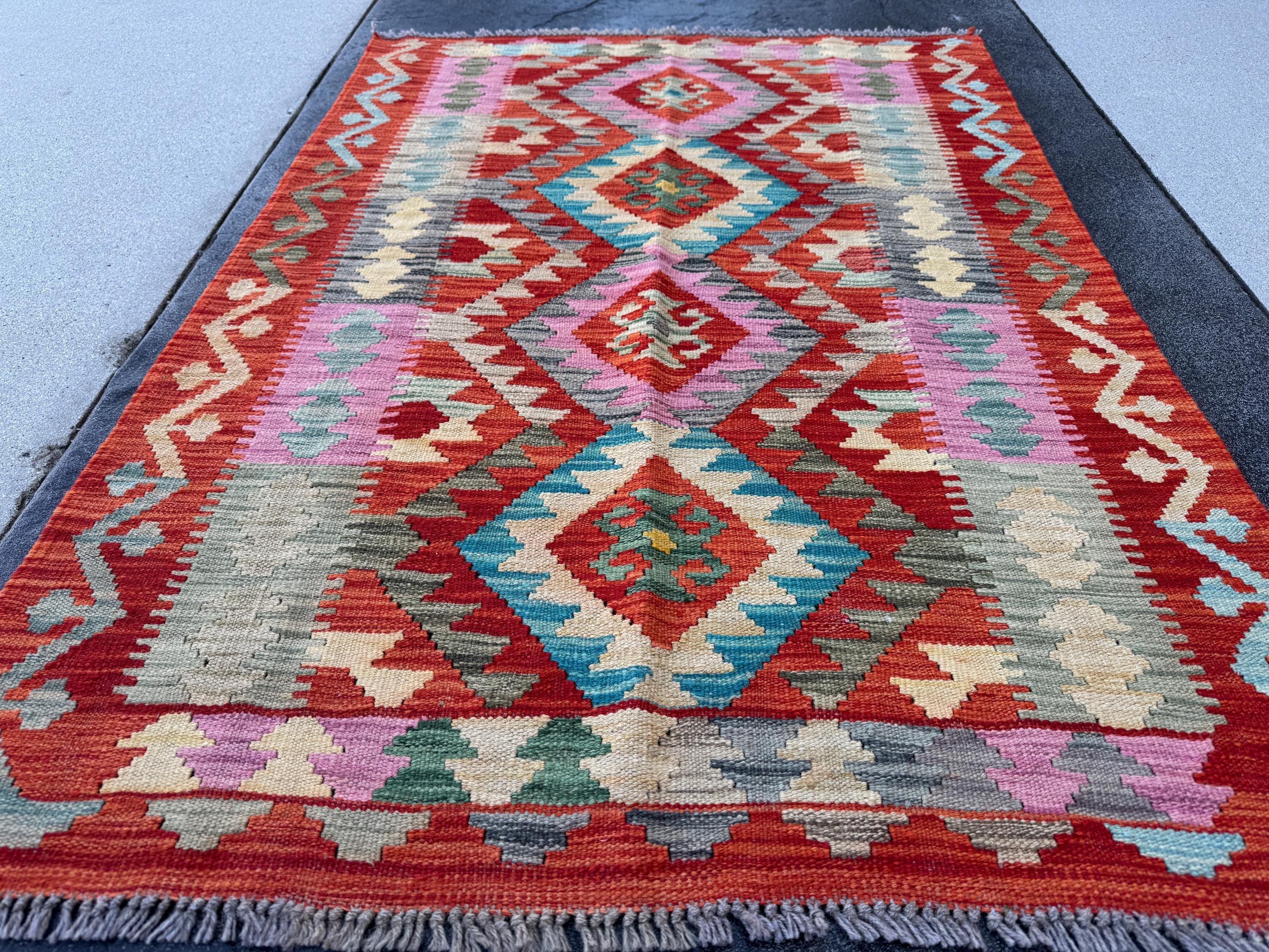 Percival - 3x5 Handmade Afghan Kilim Rug | Burnt Orange Brick Red Pink Aqua Teal Sky Blue Sage Olive Cream White Lavender Charcoal Grey