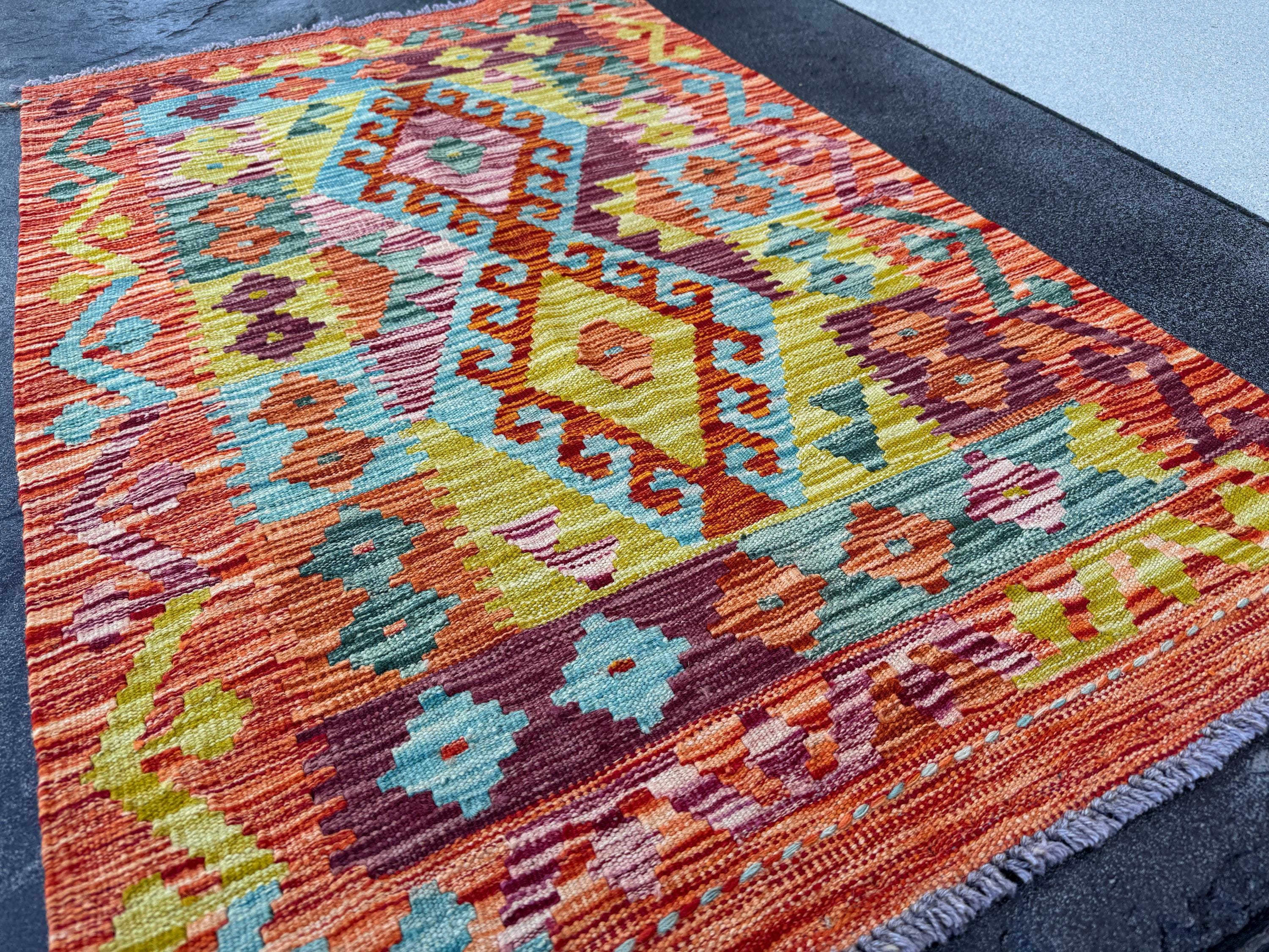 3x5 Handmade Afghan Kilim Rug | Burnt Orange Yellow Chartreuse Olive Aqua Teal Sky Blue Pink Plum Lavender Cream White