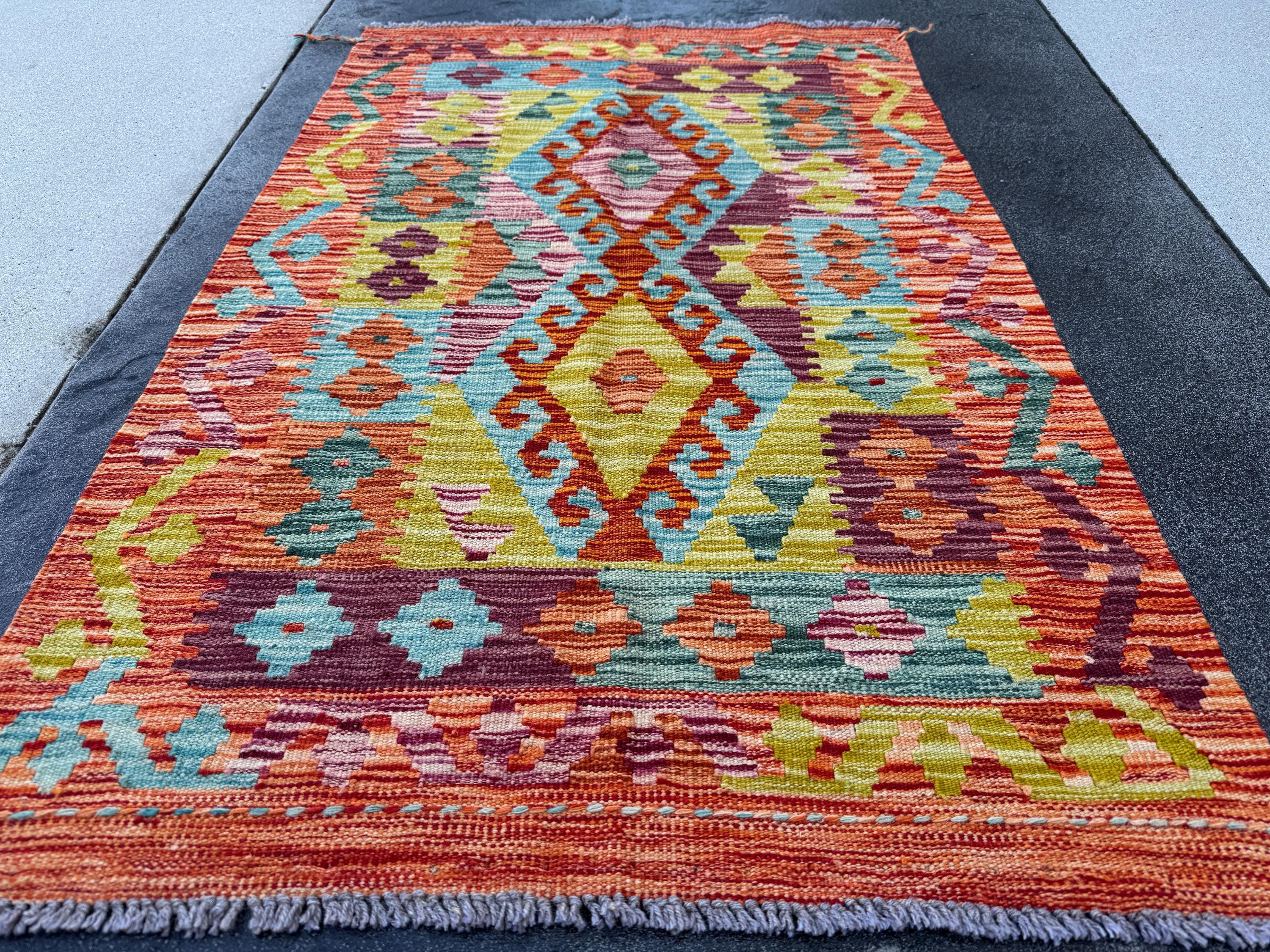 3x5 Handmade Afghan Kilim Rug | Burnt Orange Yellow Chartreuse Olive Aqua Teal Sky Blue Pink Plum Lavender Cream White