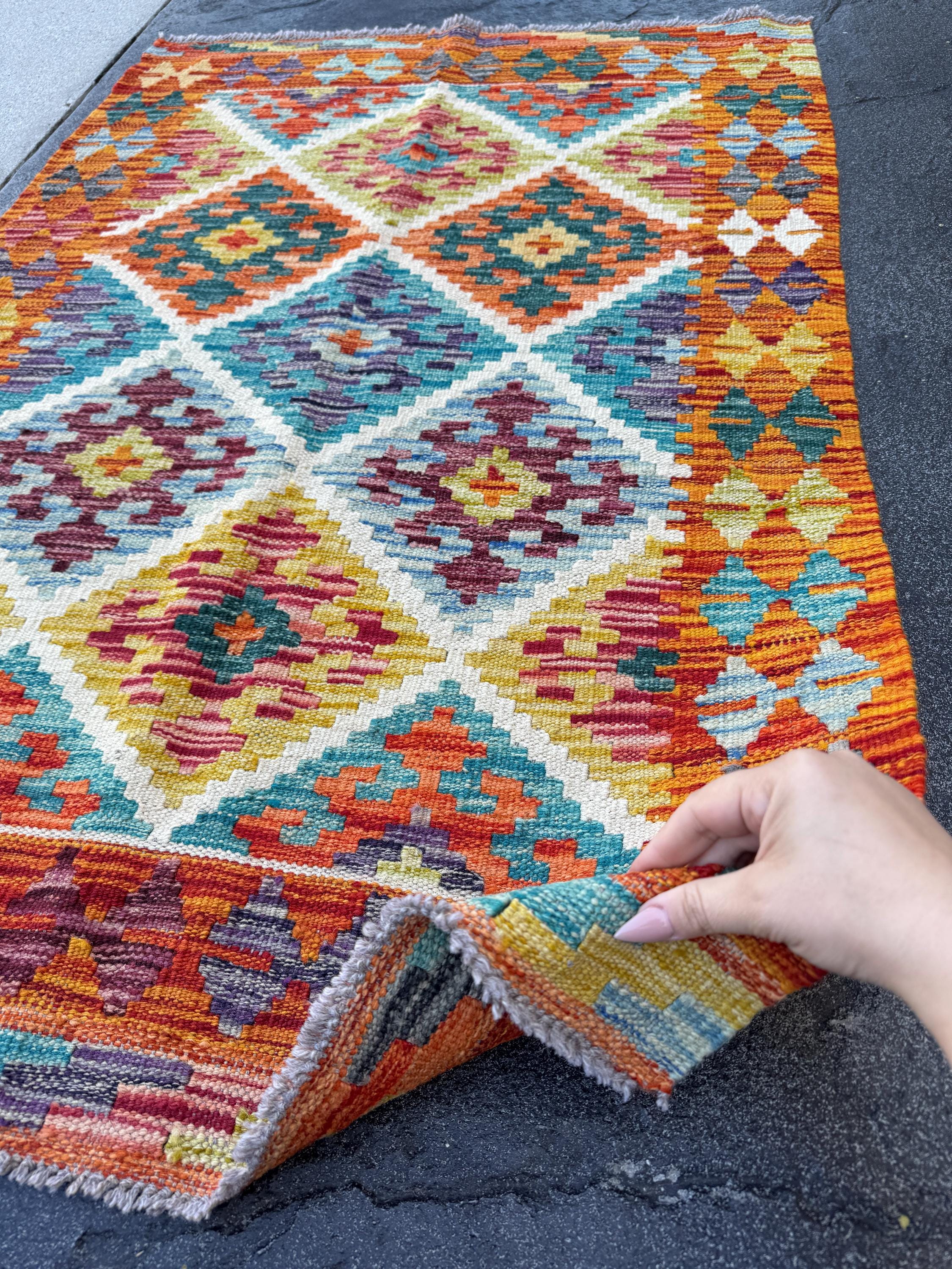 3x4 Handmade Afghan Kilim Rug | Burnt Orange Yellow Chartreuse Aqua Teal Sky Blue Denim Cream White Burgundy Plum Lavender | Wool Flatwoven