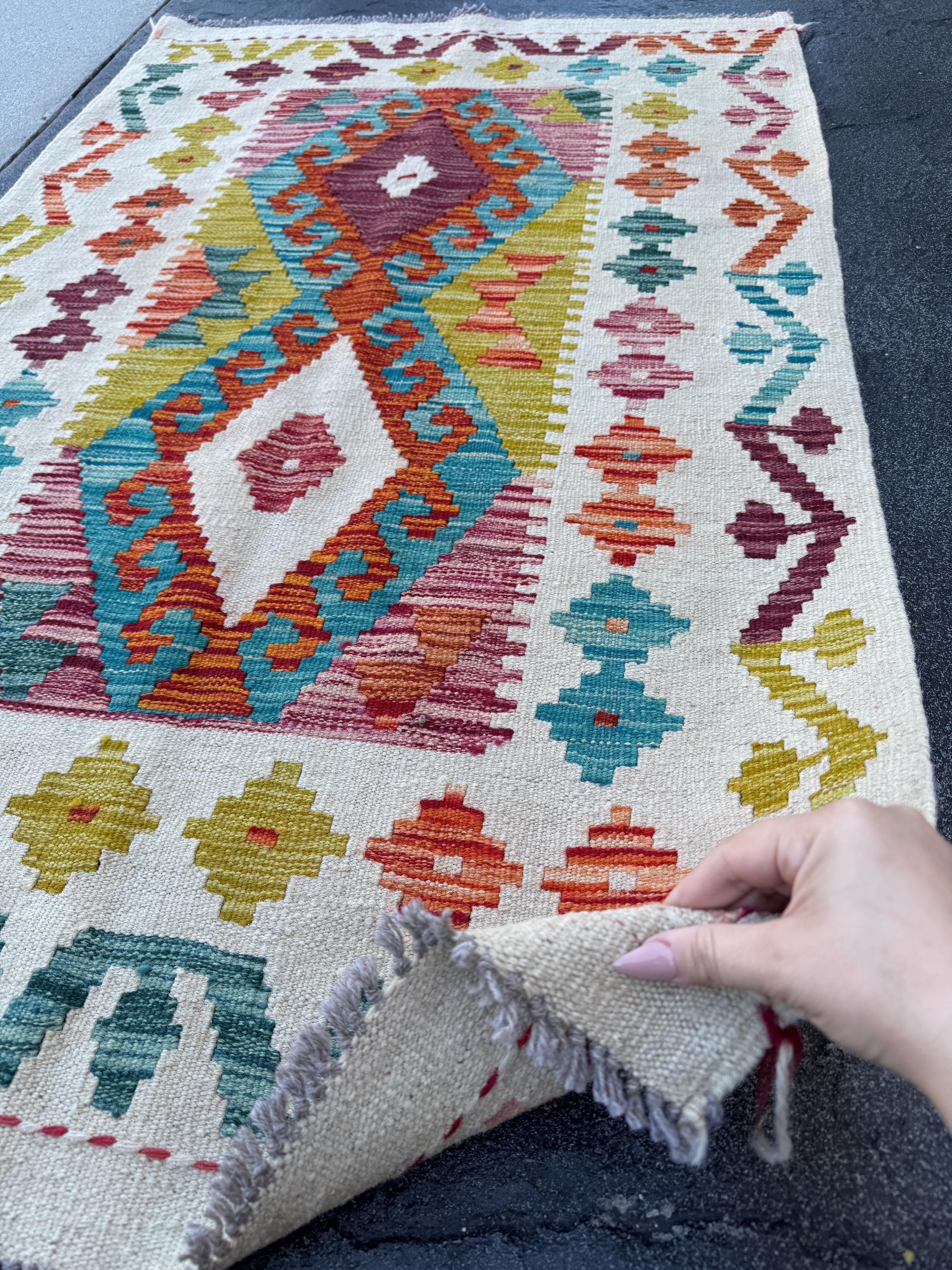 3x5 Handmade Afghan Kilim Rug | Cream White Mustard Chartreuse Aqua Teal Sky Blue Burnt Orange Brick Red Burgundy Lavender | Wool Flatwoven