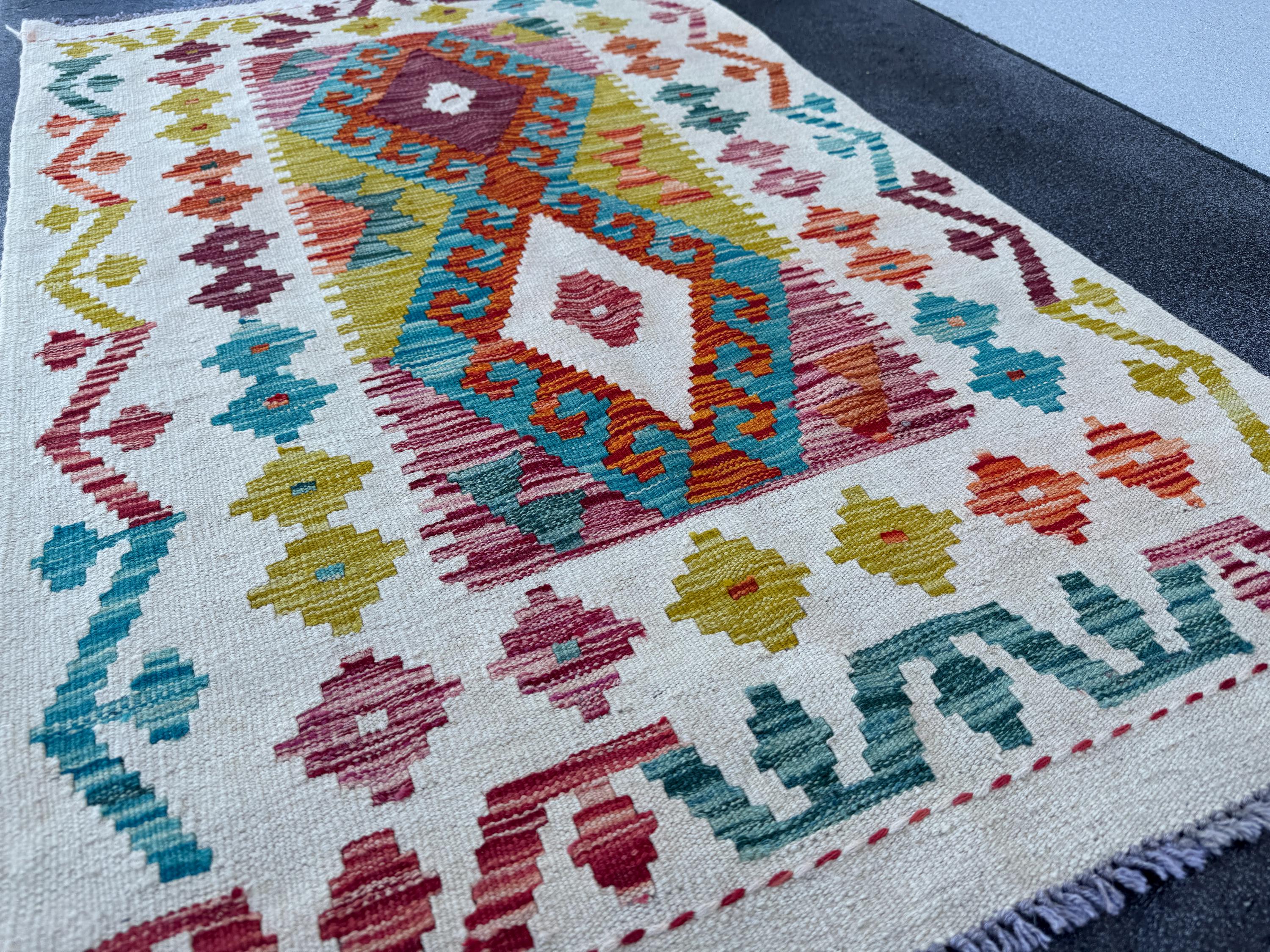 3x5 Handmade Afghan Kilim Rug | Cream White Mustard Chartreuse Aqua Teal Sky Blue Burnt Orange Brick Red Burgundy Lavender | Wool Flatwoven
