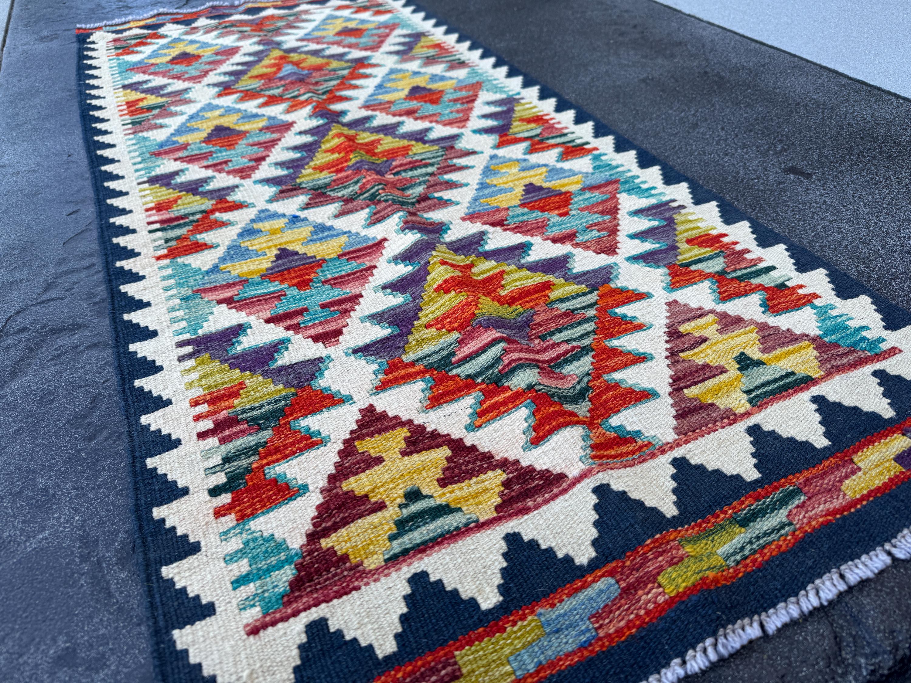2x5 Handmade Afghan Kilim Runner Rug | Cream White Mustard Aqua Teal Sky Blue Denim Burnt Orange Brick Red Burgundy Lavender Navy