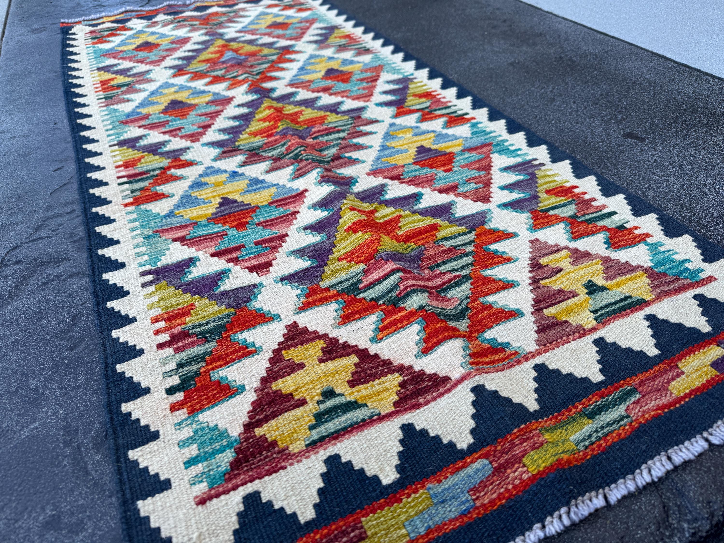 2x5 Handmade Afghan Kilim Runner Rug | Cream White Mustard Aqua Teal Sky Blue Denim Burnt Orange Brick Red Burgundy Lavender Navy