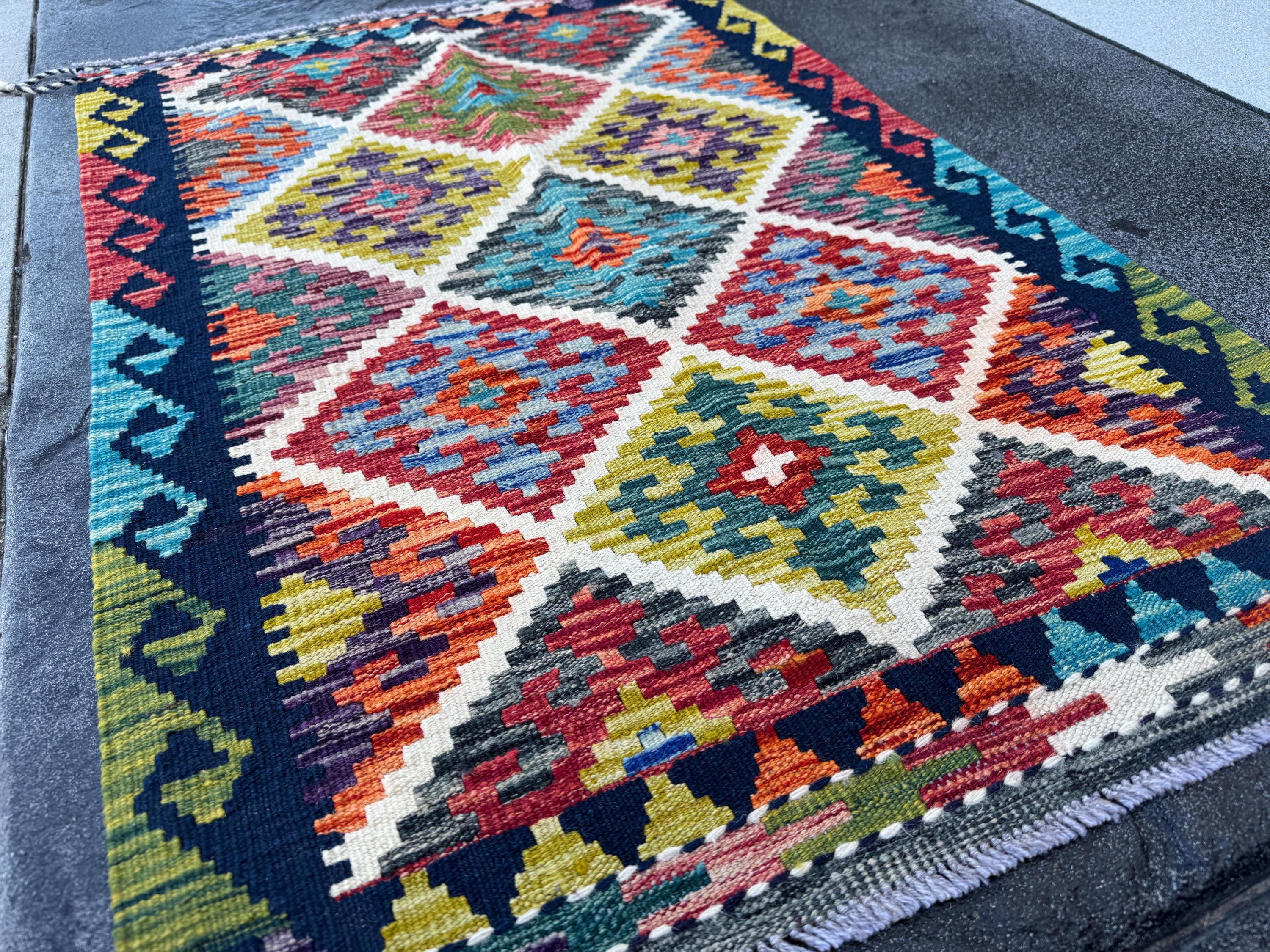 3x4 Handmade Afghan Kilim Rug | Cream White Mustard Golden Aqua Teal Sky Blue Denim Blue Burnt Orange Brick Red Burgundy Plum Wine