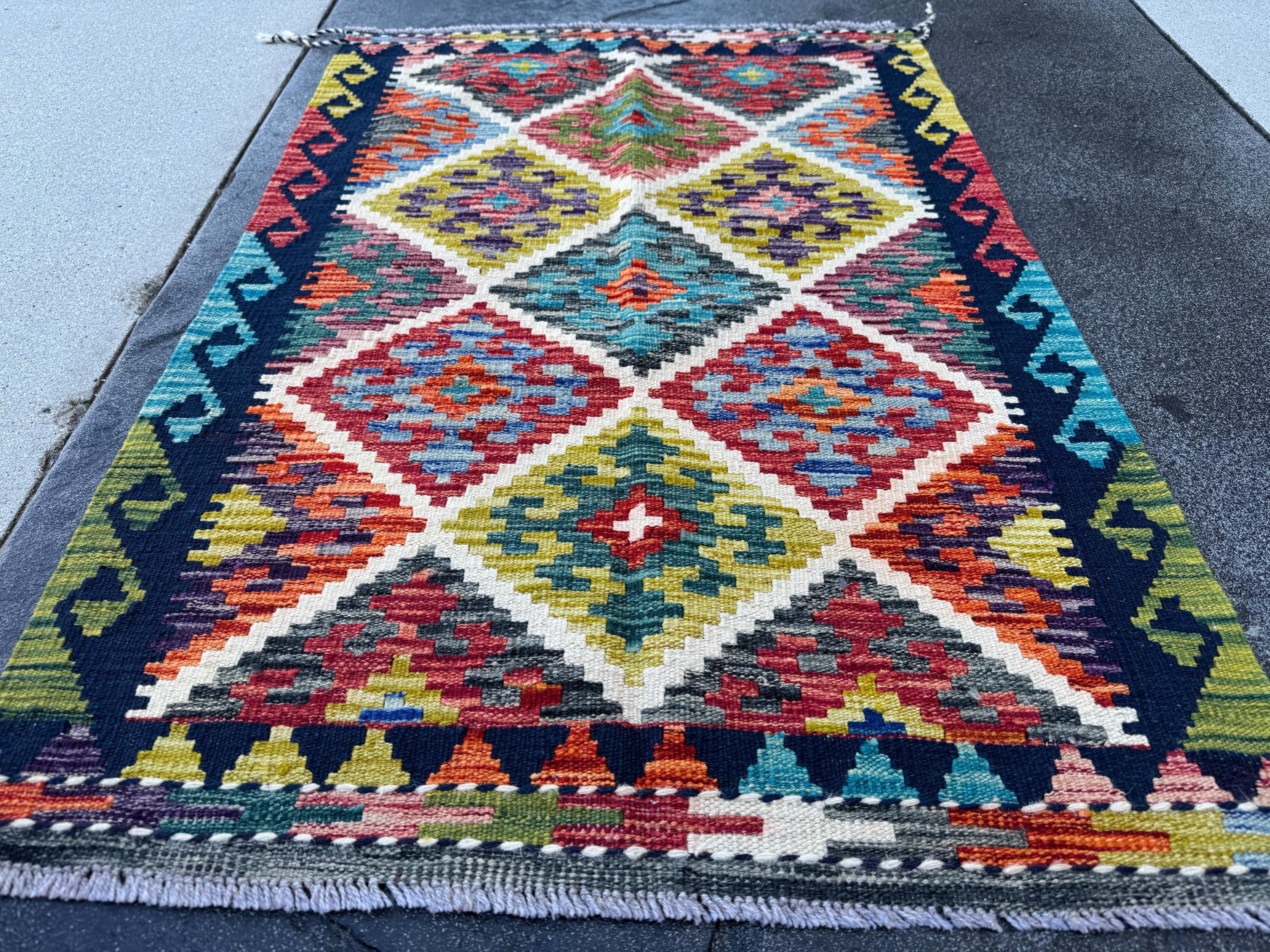 3x4 Handmade Afghan Kilim Rug | Cream White Mustard Golden Aqua Teal Sky Blue Denim Blue Burnt Orange Brick Red Burgundy Plum Wine