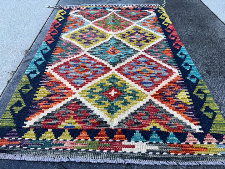 3x4 Handmade Afghan Kilim Rug | Cream White Mustard Golden Aqua Teal Sky Blue Denim Blue Burnt Orange Brick Red Burgundy Plum Wine