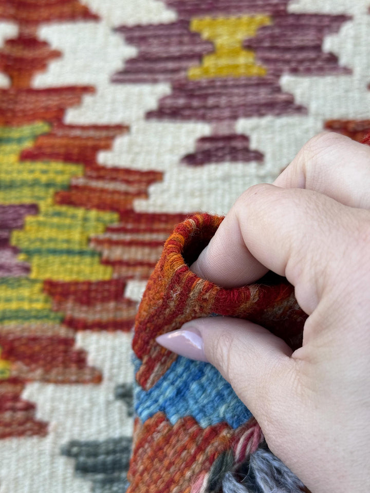 2x5 Handmade Afghan Kilim Runner Rug | Cream White Aqua Teal Sky Blue Burnt Orange Brick Red Pink Mustard Olive Burgundy Forest Green