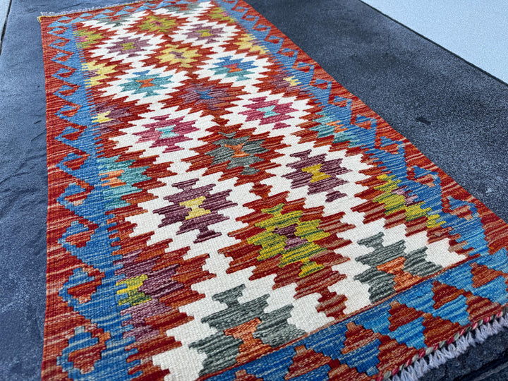 2x5 Handmade Afghan Kilim Runner Rug | Cream White Aqua Teal Sky Blue Burnt Orange Brick Red Pink Mustard Olive Burgundy Forest Green