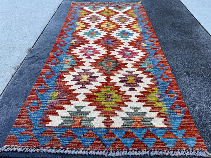 2x5 Handmade Afghan Kilim Runner Rug | Cream White Aqua Teal Sky Blue Burnt Orange Brick Red Pink Mustard Olive Burgundy Forest Green