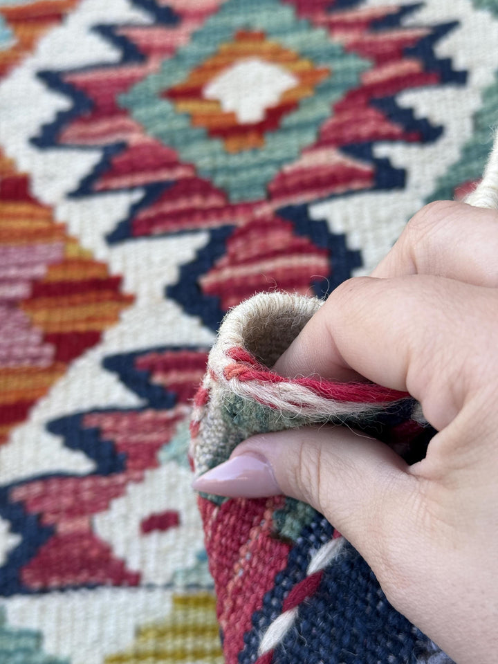 2x5 Handmade Afghan Kilim Runner Rug | Cream White Aqua Teal Sky Blue Burnt Orange Brick Red Pink Mustard Olive Burgundy Forest Green
