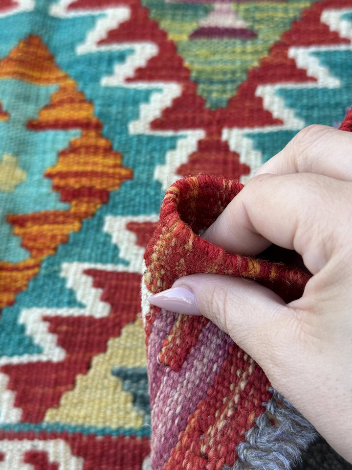 2x7 Handmade Afghan Kilim Runner Rug | Cream White Aqua Teal Sky Blue Burnt Orange Brick Red Pink Mustard Olive Burgundy Forest Green | Wool