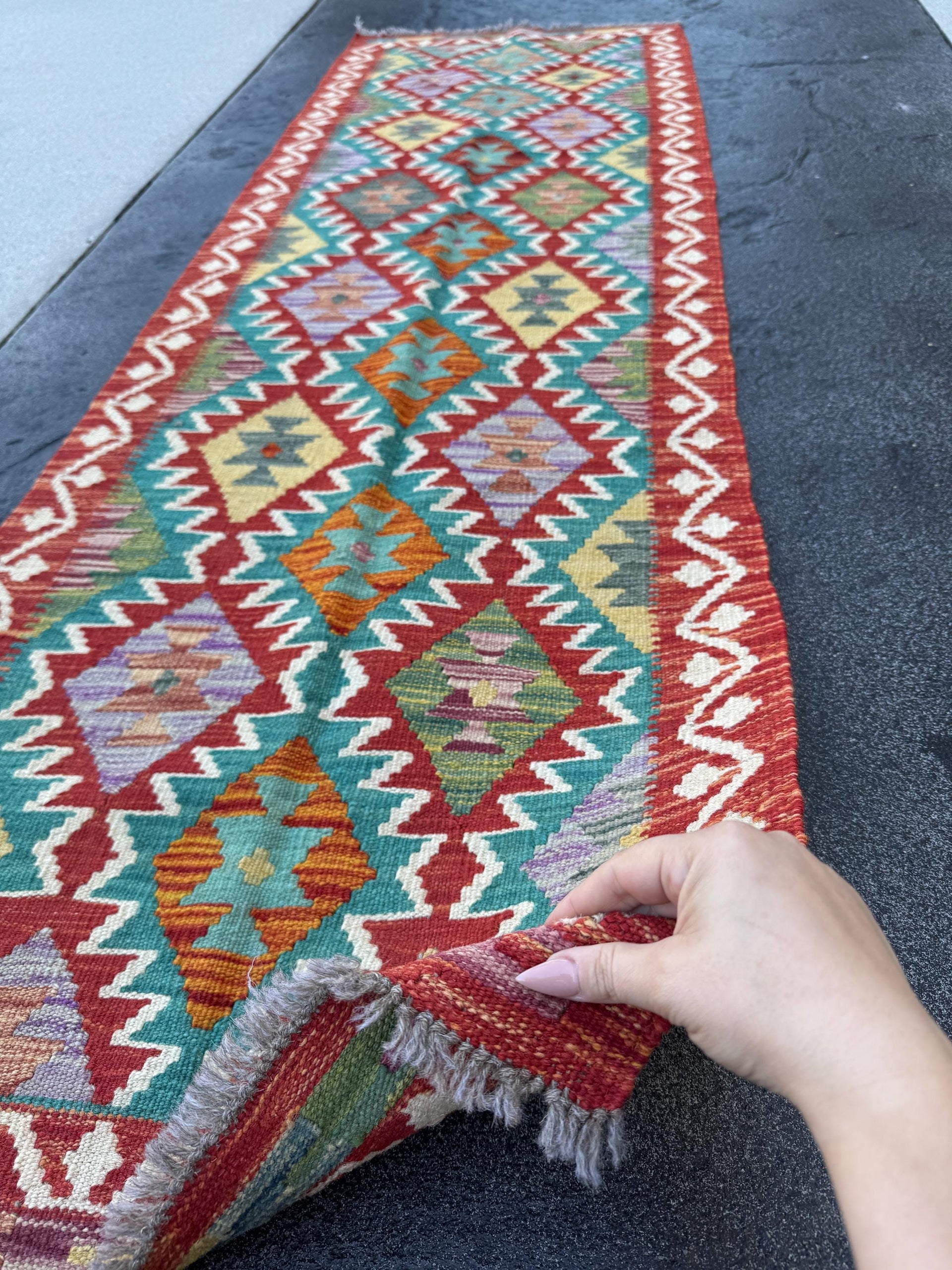 2x7 Handmade Afghan Kilim Runner Rug | Cream White Aqua Teal Sky Blue Burnt Orange Brick Red Pink Mustard Olive Burgundy Forest Green | Wool
