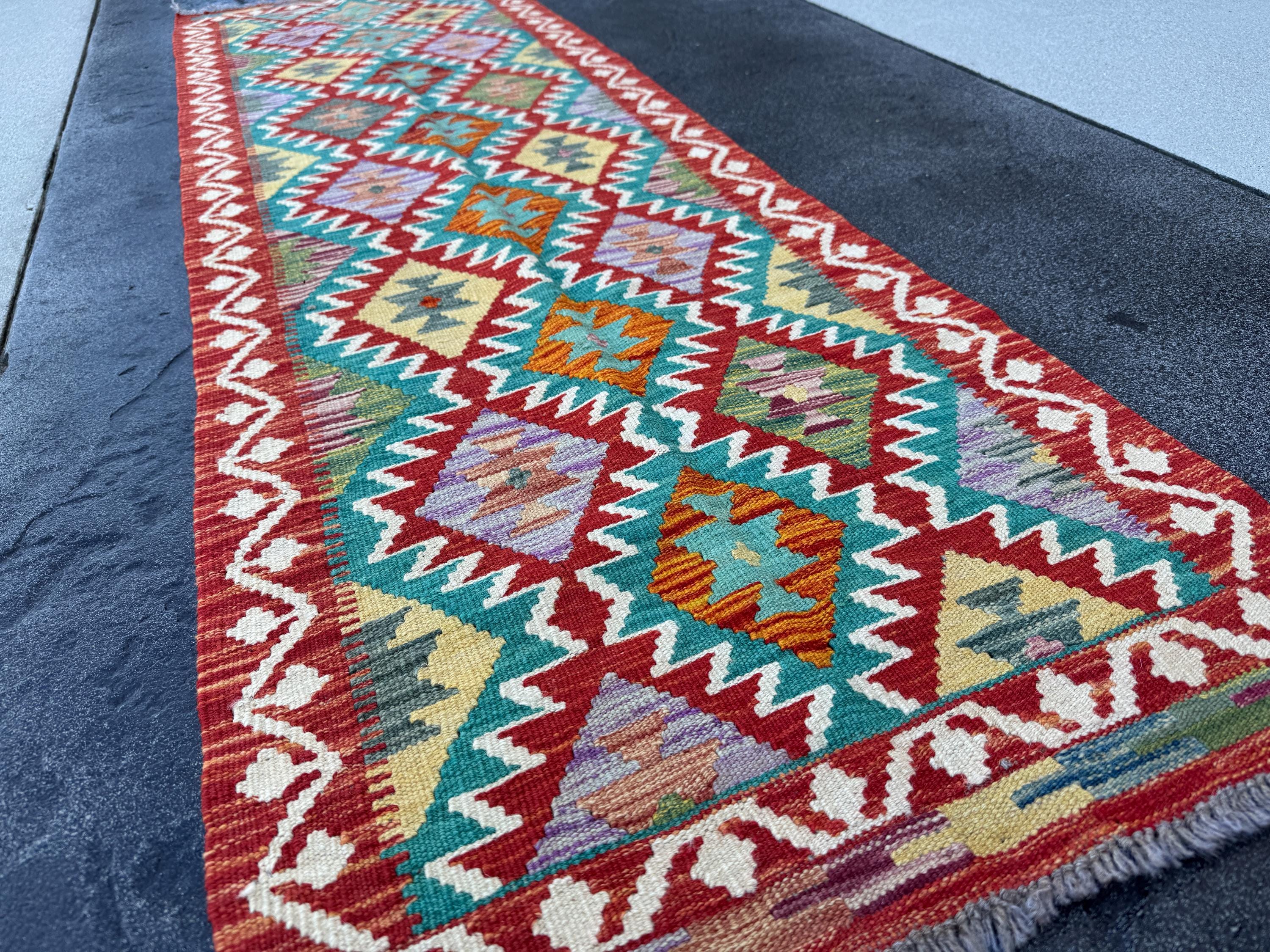 2x7 Handmade Afghan Kilim Runner Rug | Cream White Aqua Teal Sky Blue Burnt Orange Brick Red Pink Mustard Olive Burgundy Forest Green | Wool