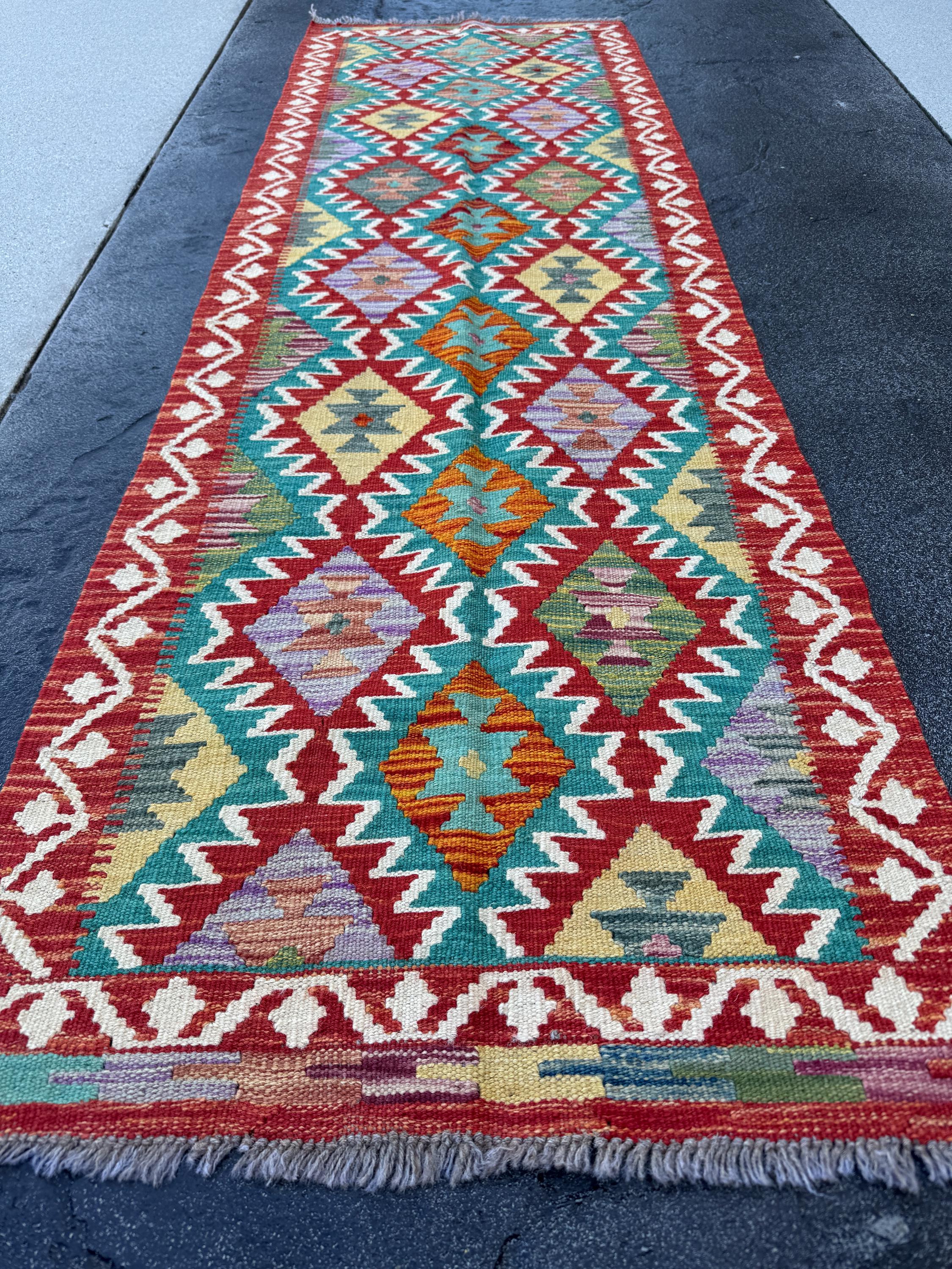2x7 Handmade Afghan Kilim Runner Rug | Cream White Aqua Teal Sky Blue Burnt Orange Brick Red Pink Mustard Olive Burgundy Forest Green | Wool