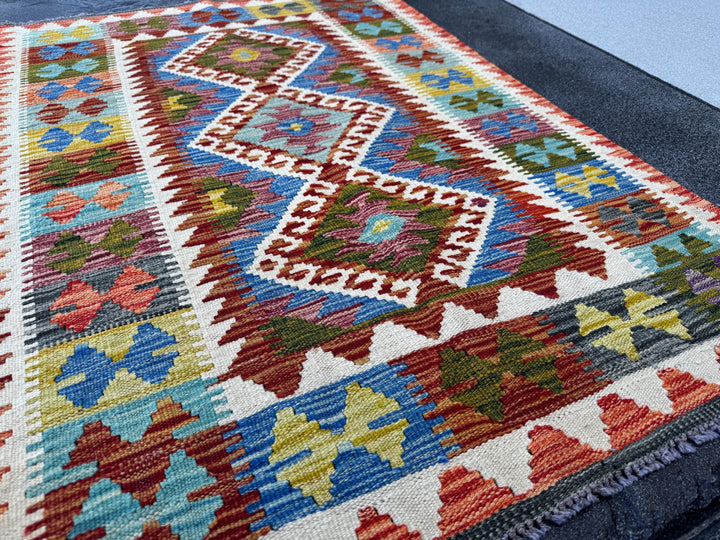 3x4 Handmade Afghan Kilim Rug | Burnt Orange Cream White Mustard Gold Yellow Teal Auburn Red Eggplant Purple Forest Green | Wool Flatwoven