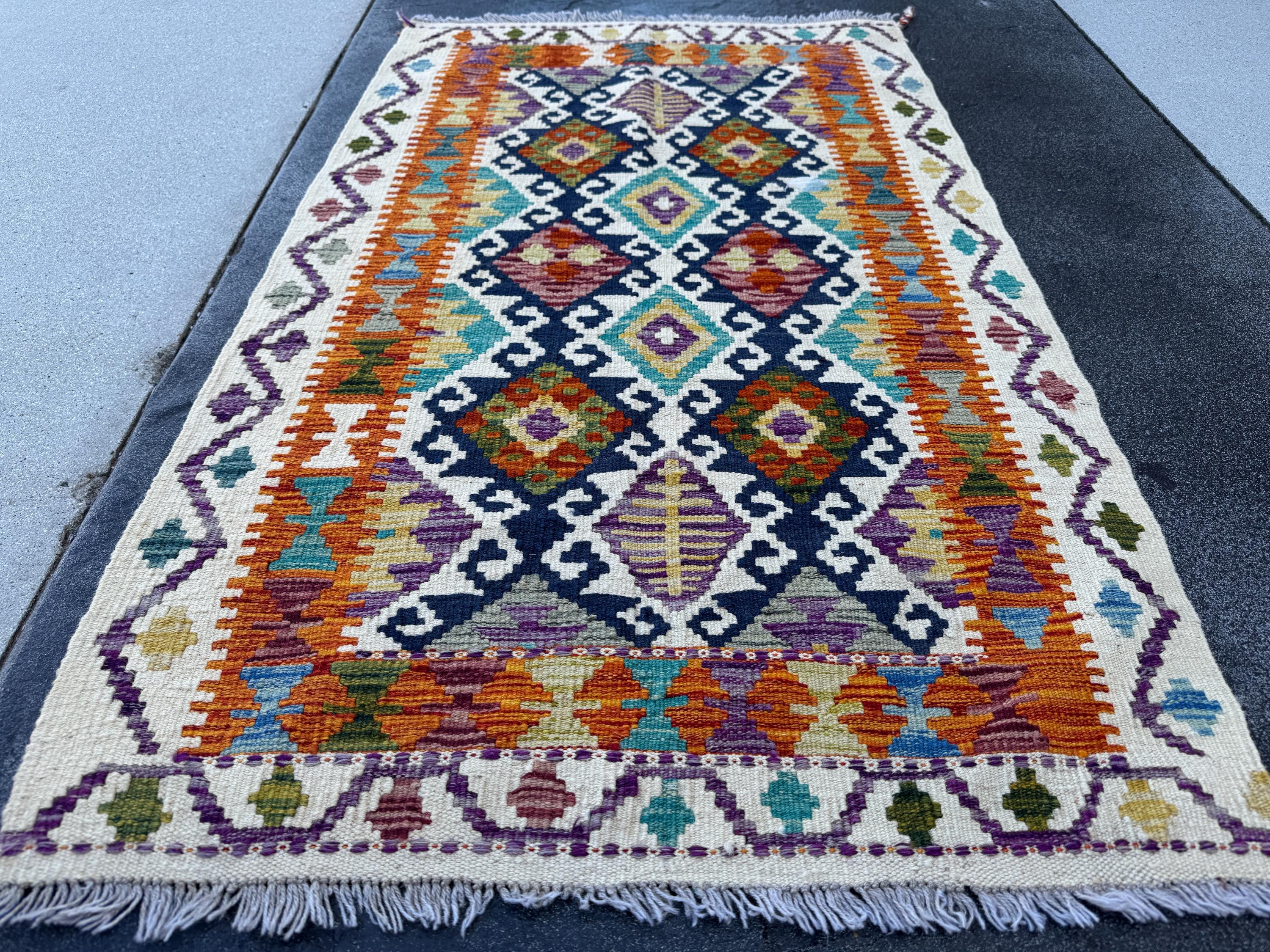 3x5 Handmade Afghan Kilim Rug | Cream Tan Sand Brown Crimson Burgundy Maroon Red Aqua Teal Denim Blue Black Forest Chartreuse Green Grey