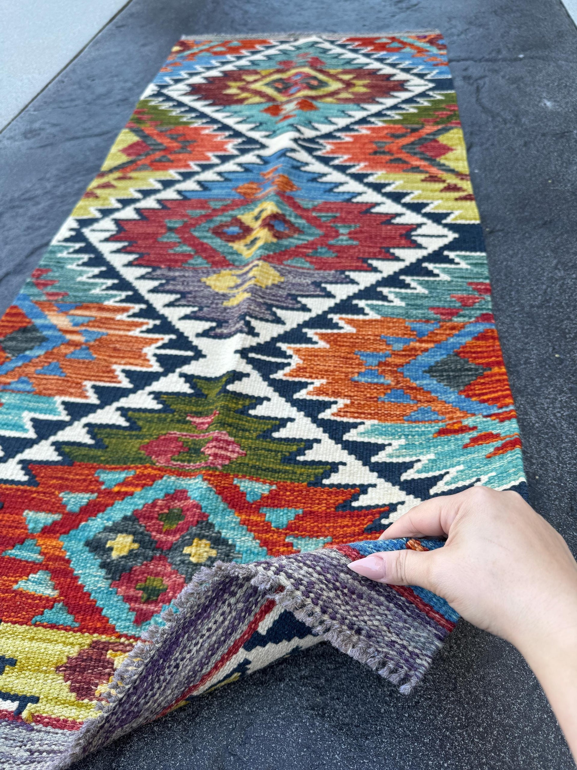 2x5 Handmade Afghan Kilim Runner Rug | Cream White Aqua Sky Blue Navy Blue Burnt Orange Brick Red Burgundy Moss Green Mustard Pink Purple