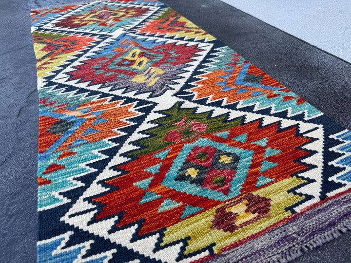 2x5 Handmade Afghan Kilim Runner Rug | Cream White Aqua Sky Blue Navy Blue Burnt Orange Brick Red Burgundy Moss Green Mustard Pink Purple