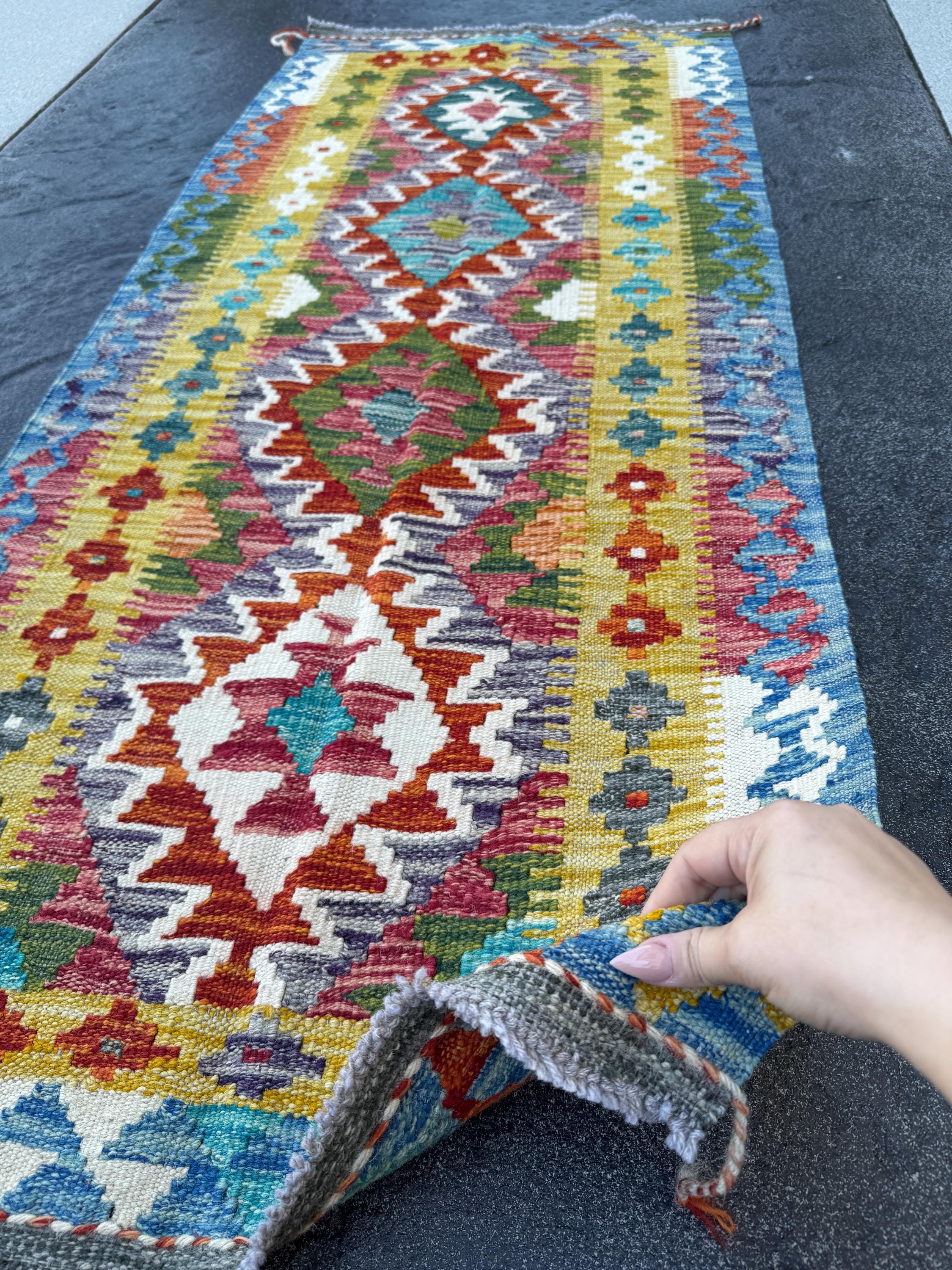 2x5 Handmade Afghan Kilim Runner Rug | Cream White Aqua Teal Turquoise Burnt Orange Brick Red Burgundy Mustard Olive Green Charcoal Grey