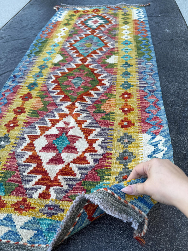 2x5 Handmade Afghan Kilim Runner Rug | Cream White Aqua Teal Turquoise Burnt Orange Brick Red Burgundy Mustard Olive Green Charcoal Grey