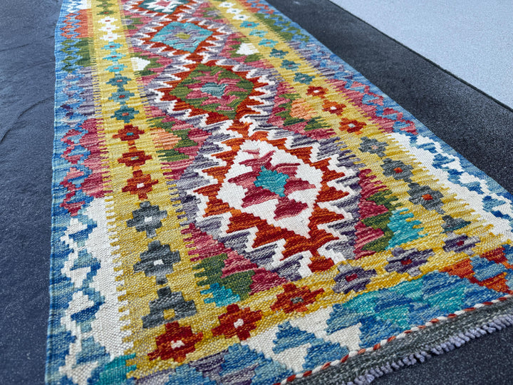 2x5 Handmade Afghan Kilim Runner Rug | Cream White Aqua Teal Turquoise Burnt Orange Brick Red Burgundy Mustard Olive Green Charcoal Grey