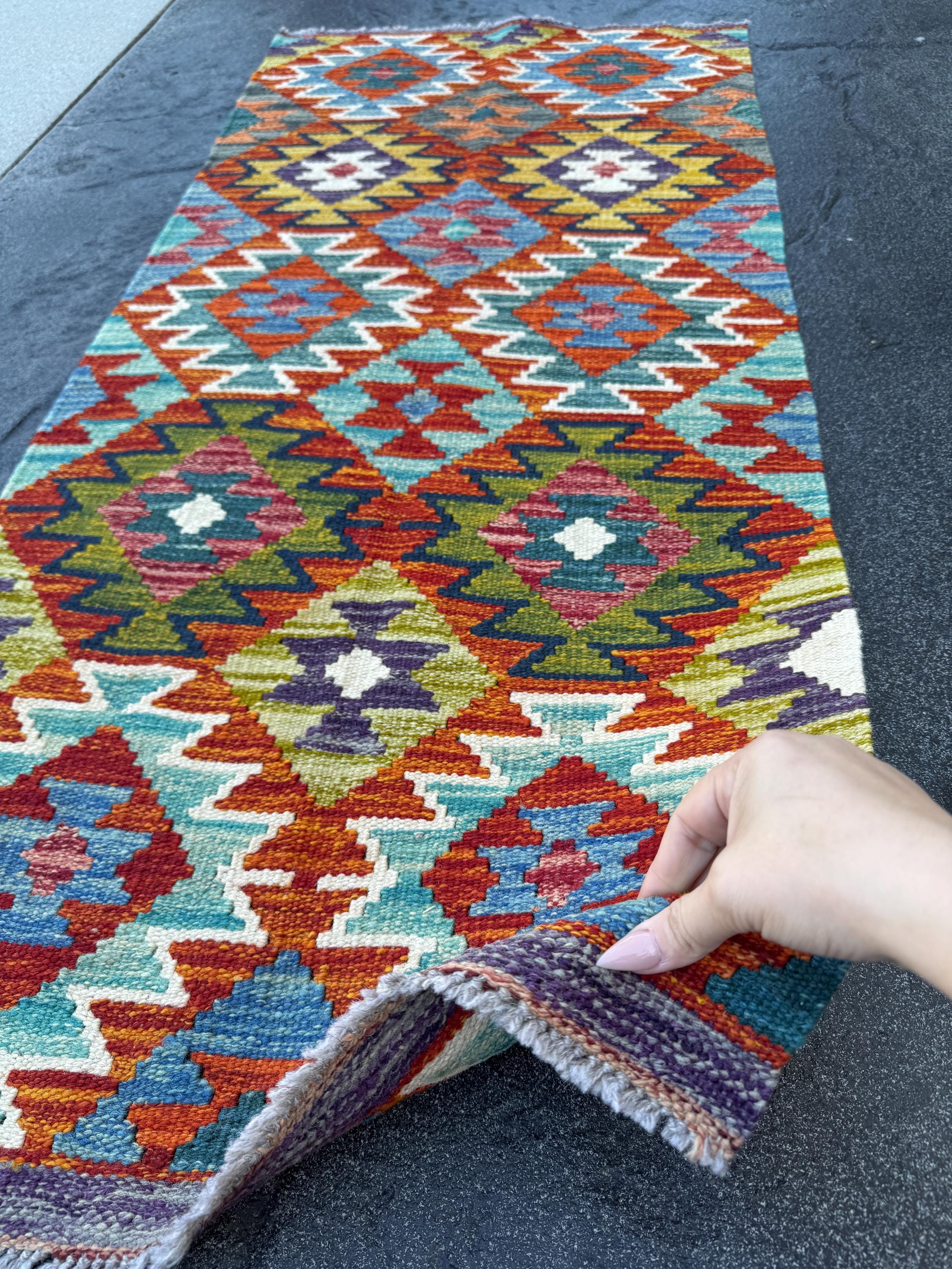 2x5 Handmade Afghan Kilim Runner Rug | Teal Aqua Burnt Orange Rust Red Purple Denim Blue Olive Lime Green Cream White