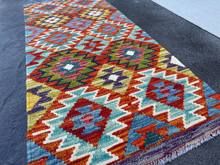 2x5 Handmade Afghan Kilim Runner Rug | Teal Aqua Burnt Orange Rust Red Purple Denim Blue Olive Lime Green Cream White